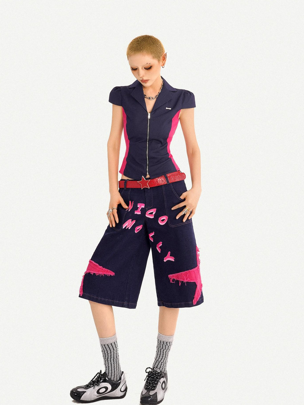 Nico Molly Waist Slimming Slim Fit Patchwork V-neck Zip Short Sleeve Striped Women Blouses