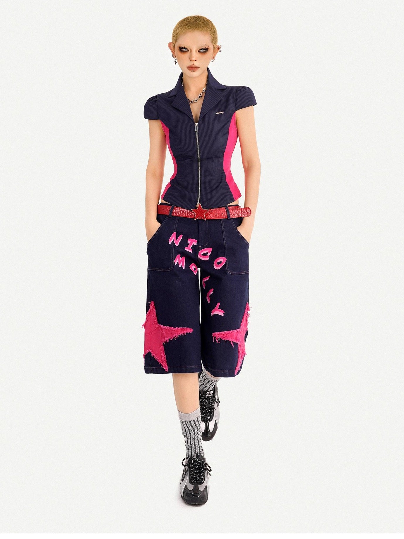 Nico Molly Waist Slimming Slim Fit Patchwork V-neck Zip Short Sleeve Striped Women Blouses