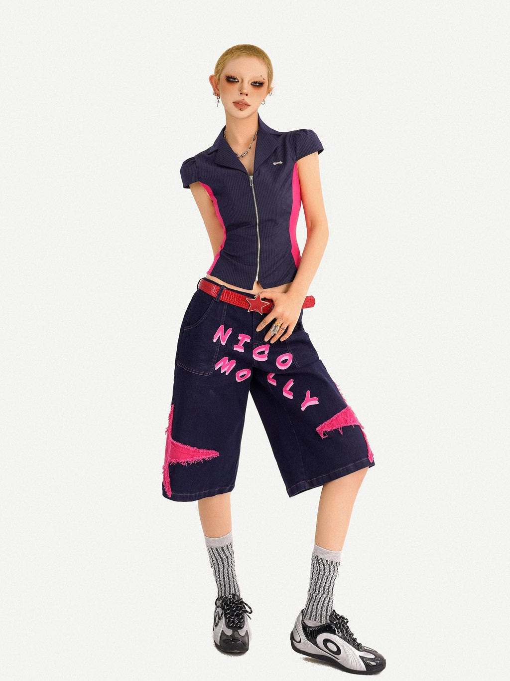 Nico Molly Waist Slimming Slim Fit Patchwork V-neck Zip Short Sleeve Striped Women Blouses