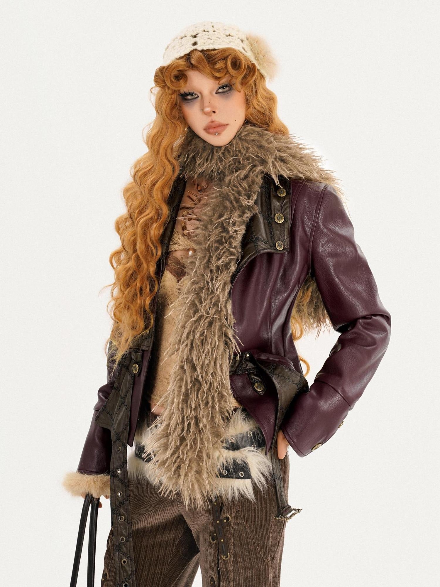 Nico Molly Warm Fleece Lined Slim Fit Vintage Fur Collar Burgundy Pu Leather Jackets