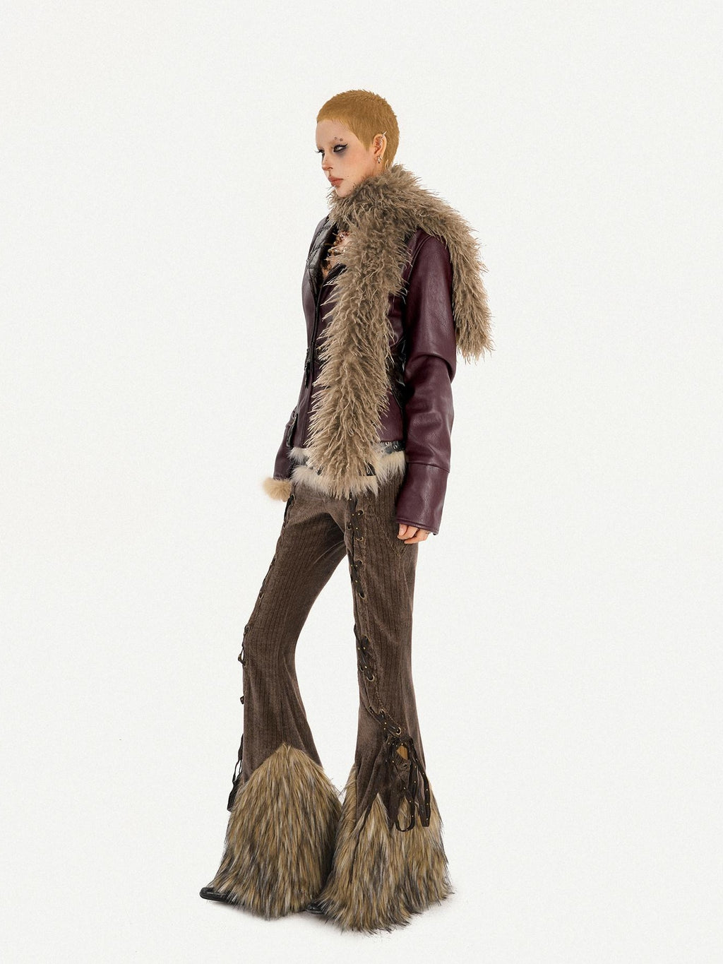 Nico Molly Warm Fleece Lined Slim Fit Vintage Fur Collar Burgundy Pu Leather Jackets