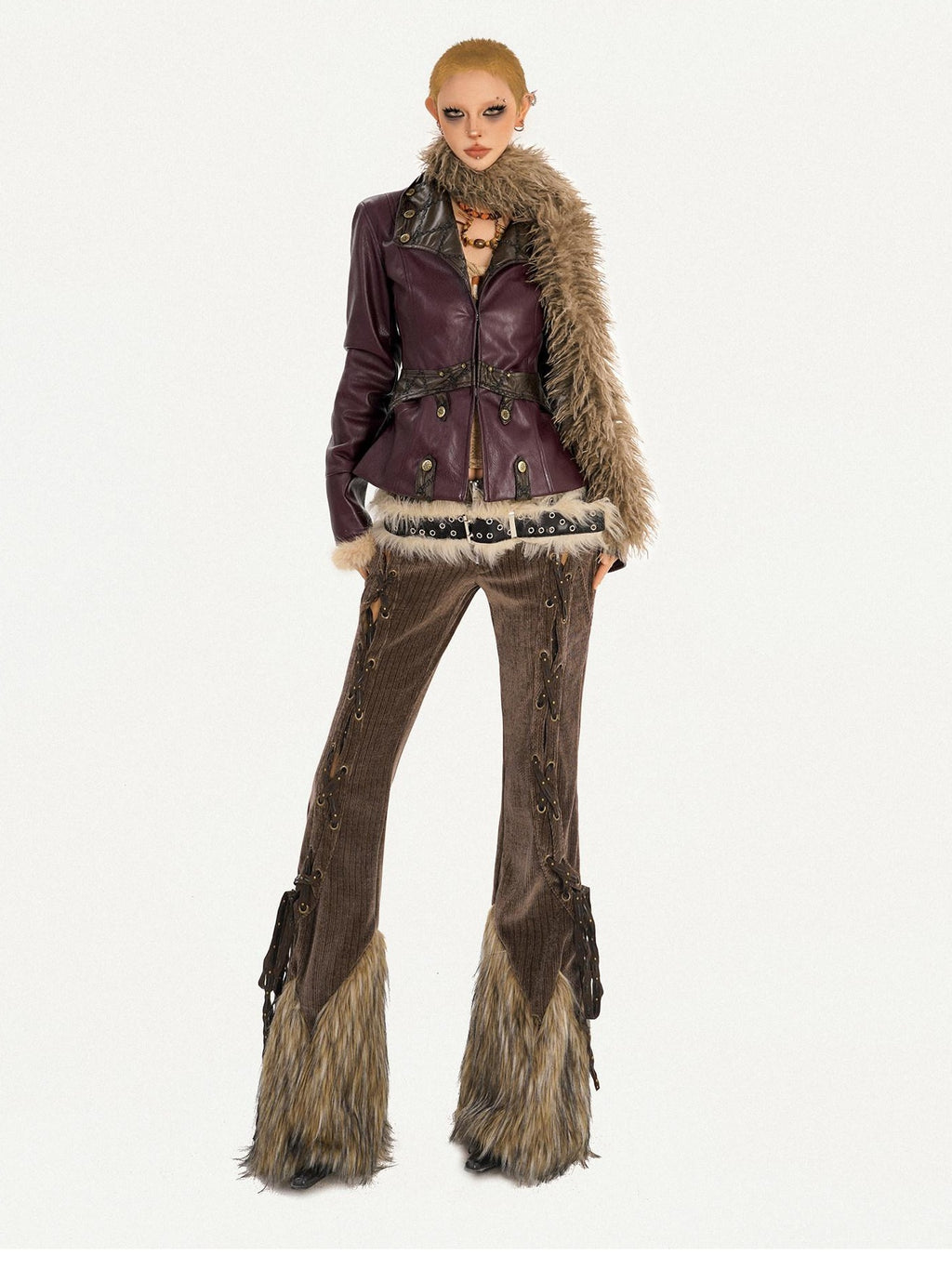 Nico Molly Warm Fleece Lined Slim Fit Vintage Fur Collar Burgundy Pu Leather Jackets