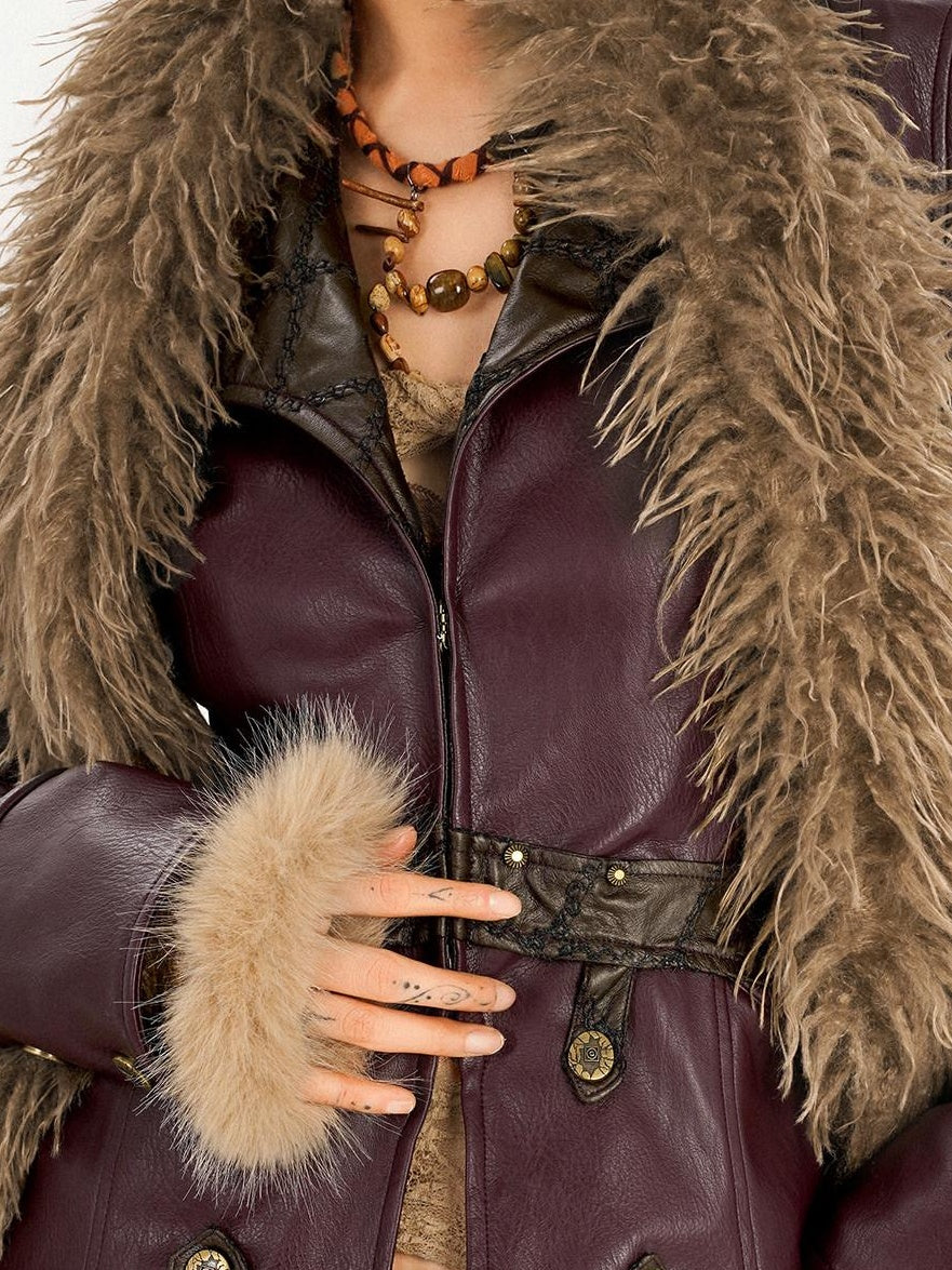 Nico Molly Warm Fleece Lined Slim Fit Vintage Fur Collar Burgundy Pu Leather Jackets