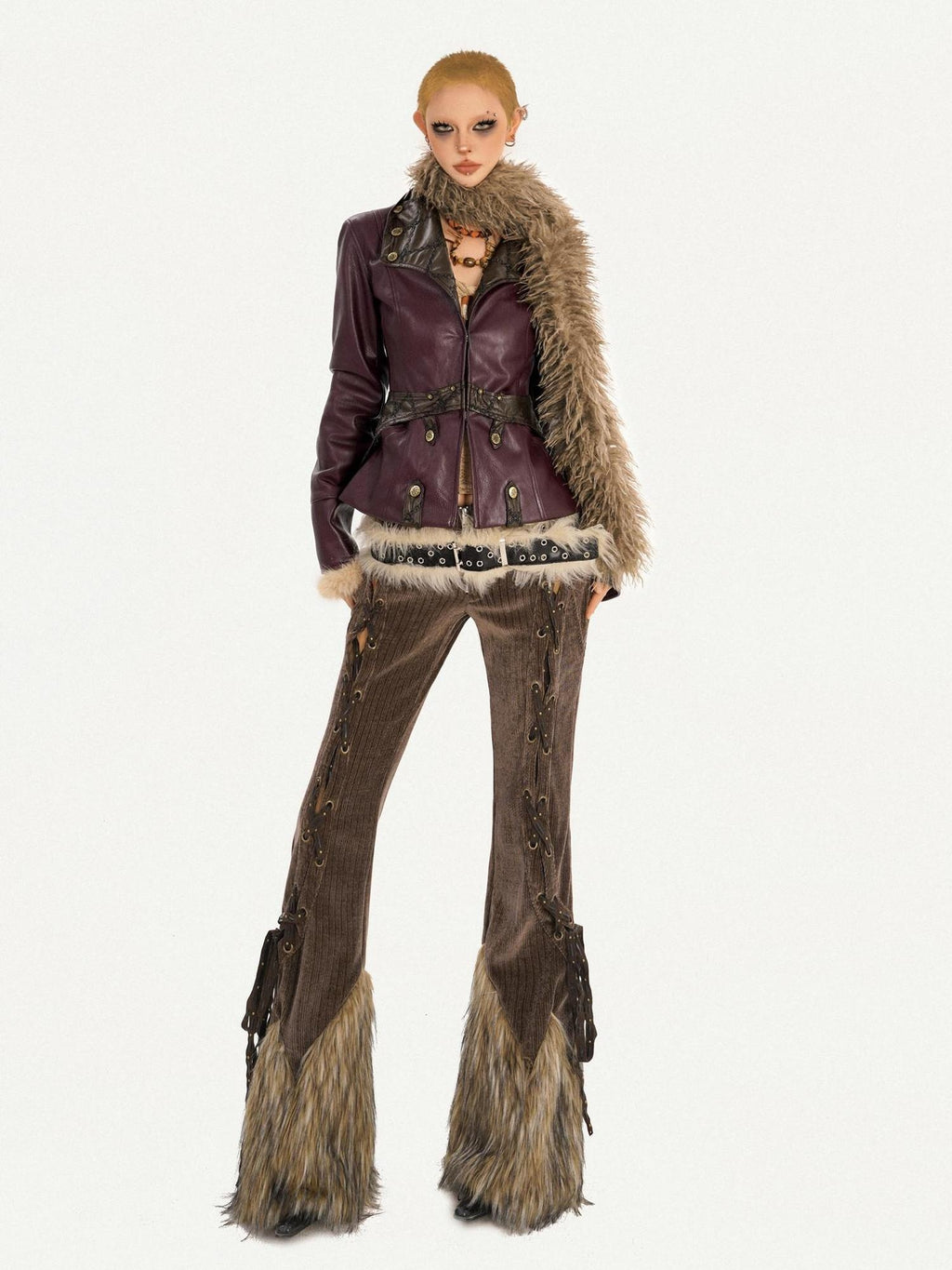 Nico Molly Warm Fleece Lined Slim Fit Vintage Fur Collar Burgundy Pu Leather Jackets