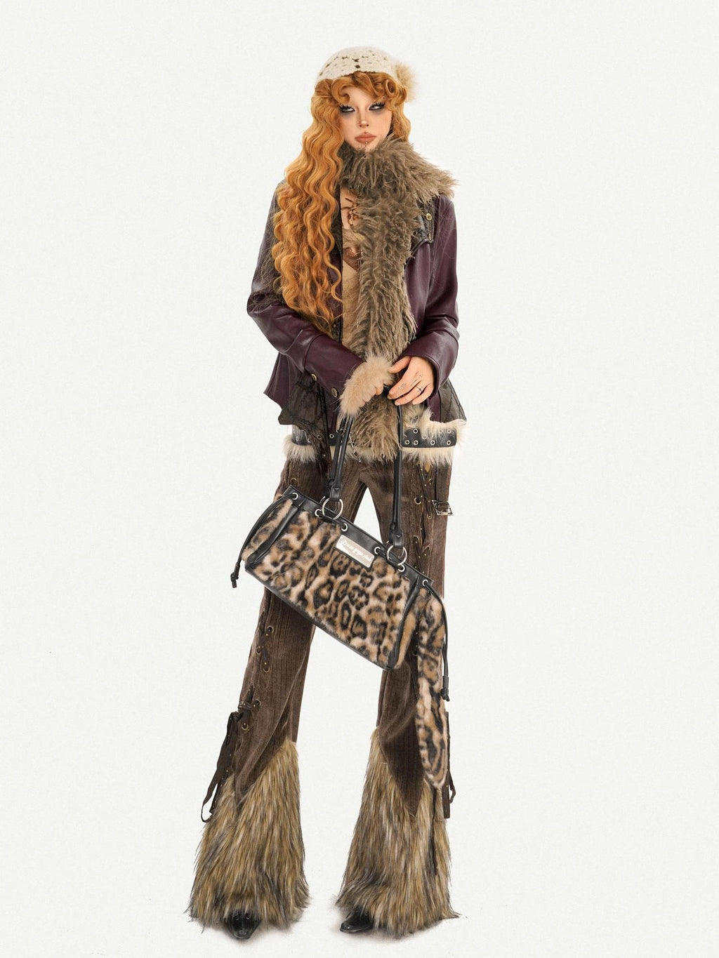 Nico Molly Warm Fleece Lined Slim Fit Vintage Fur Collar Burgundy Pu Leather Jackets