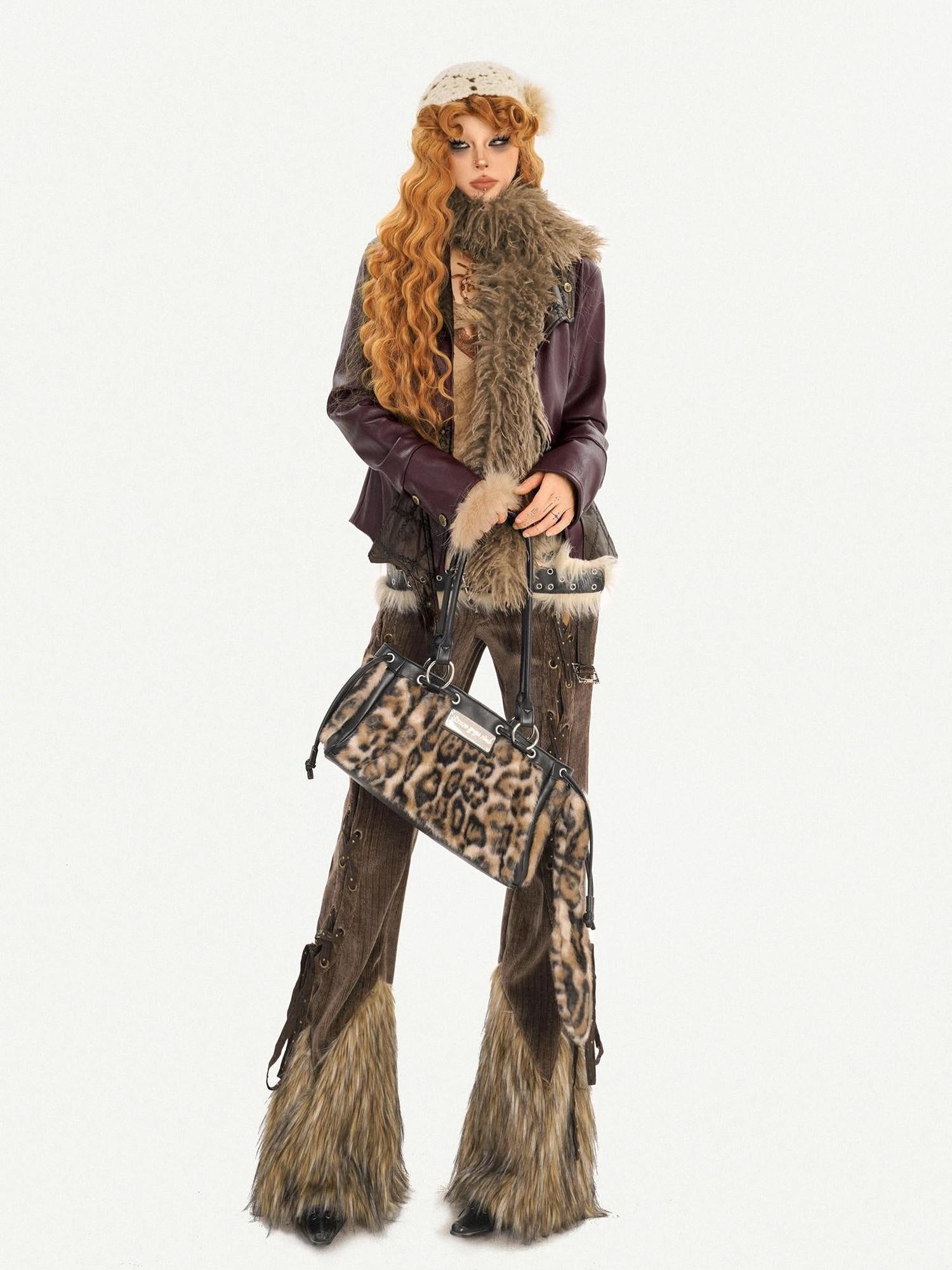 Nico Molly Warm Fleece Lined Slim Fit Vintage Fur Collar Burgundy Pu Leather Jackets