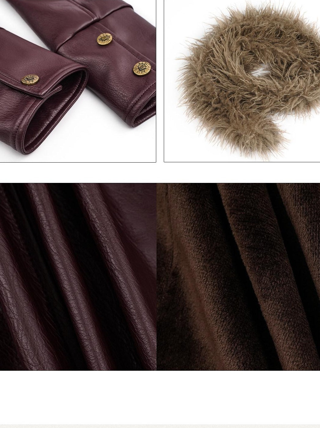 Nico Molly Warm Fleece Lined Slim Fit Vintage Fur Collar Burgundy Pu Leather Jackets