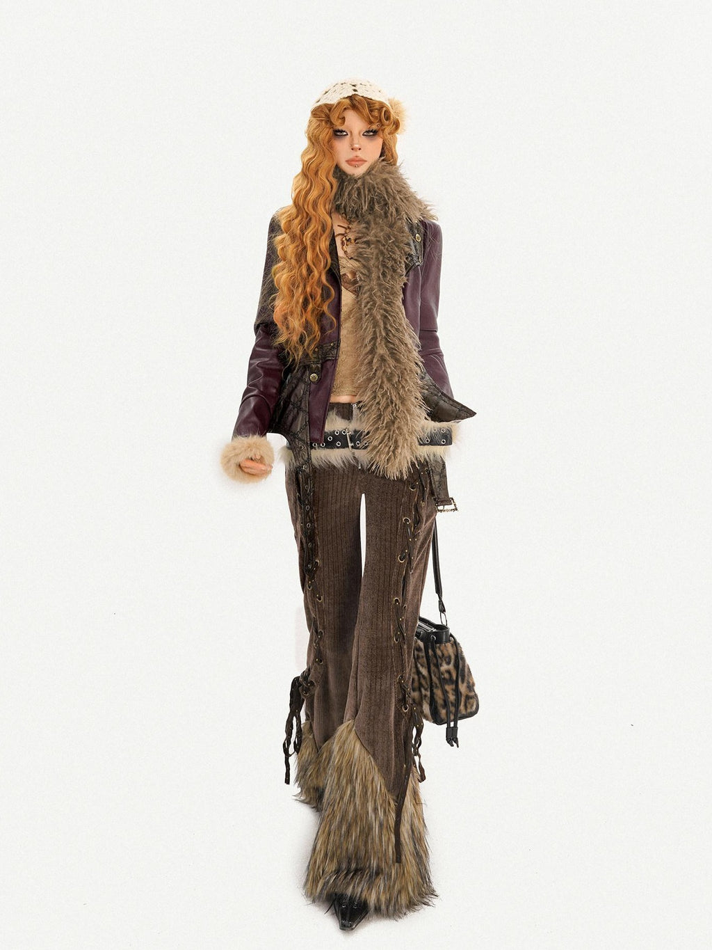 Nico Molly Warm Fleece Lined Slim Fit Vintage Fur Collar Burgundy Pu Leather Jackets