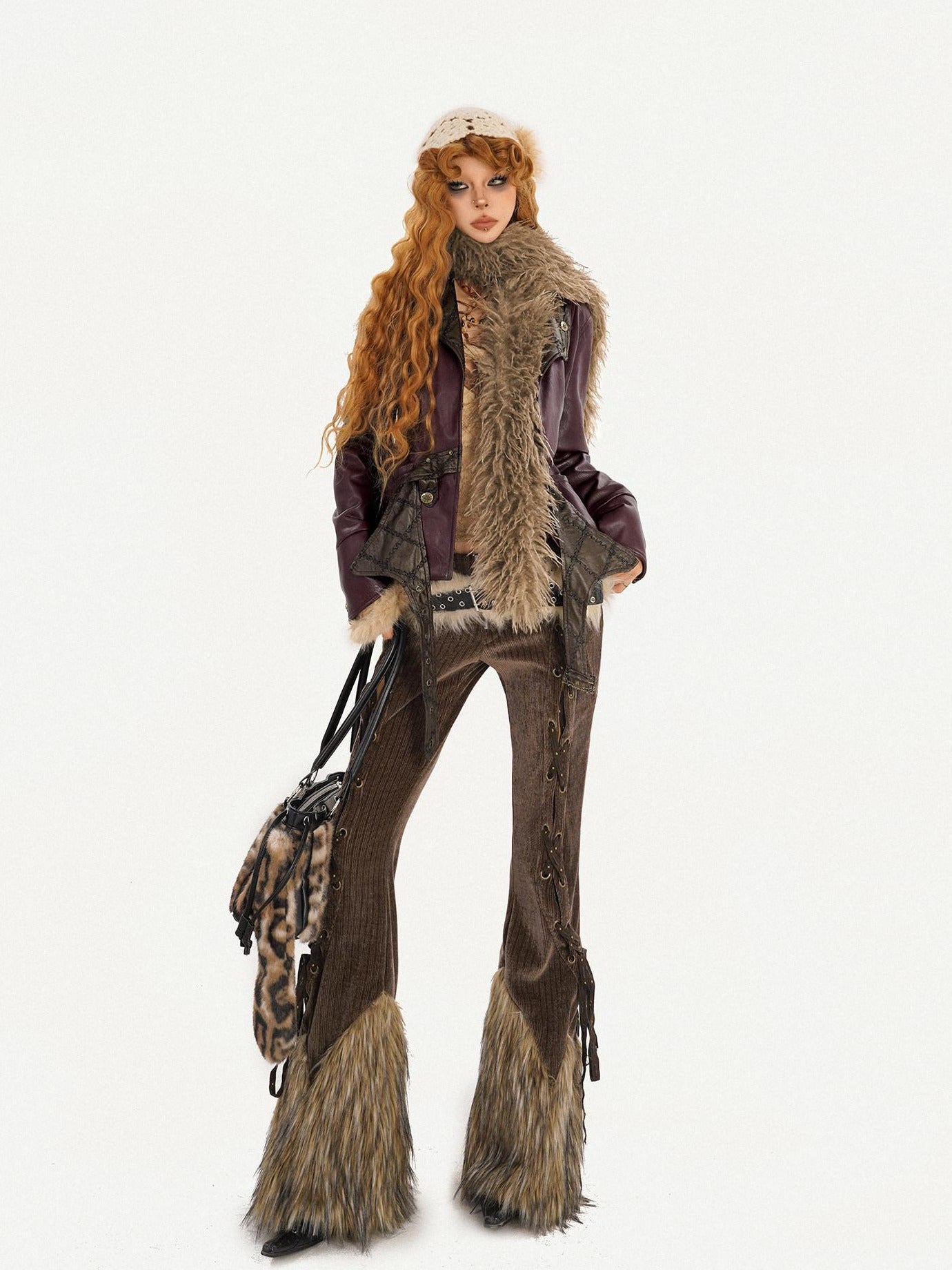 Nico Molly Warm Fleece Lined Slim Fit Vintage Fur Collar Burgundy Pu Leather Jackets