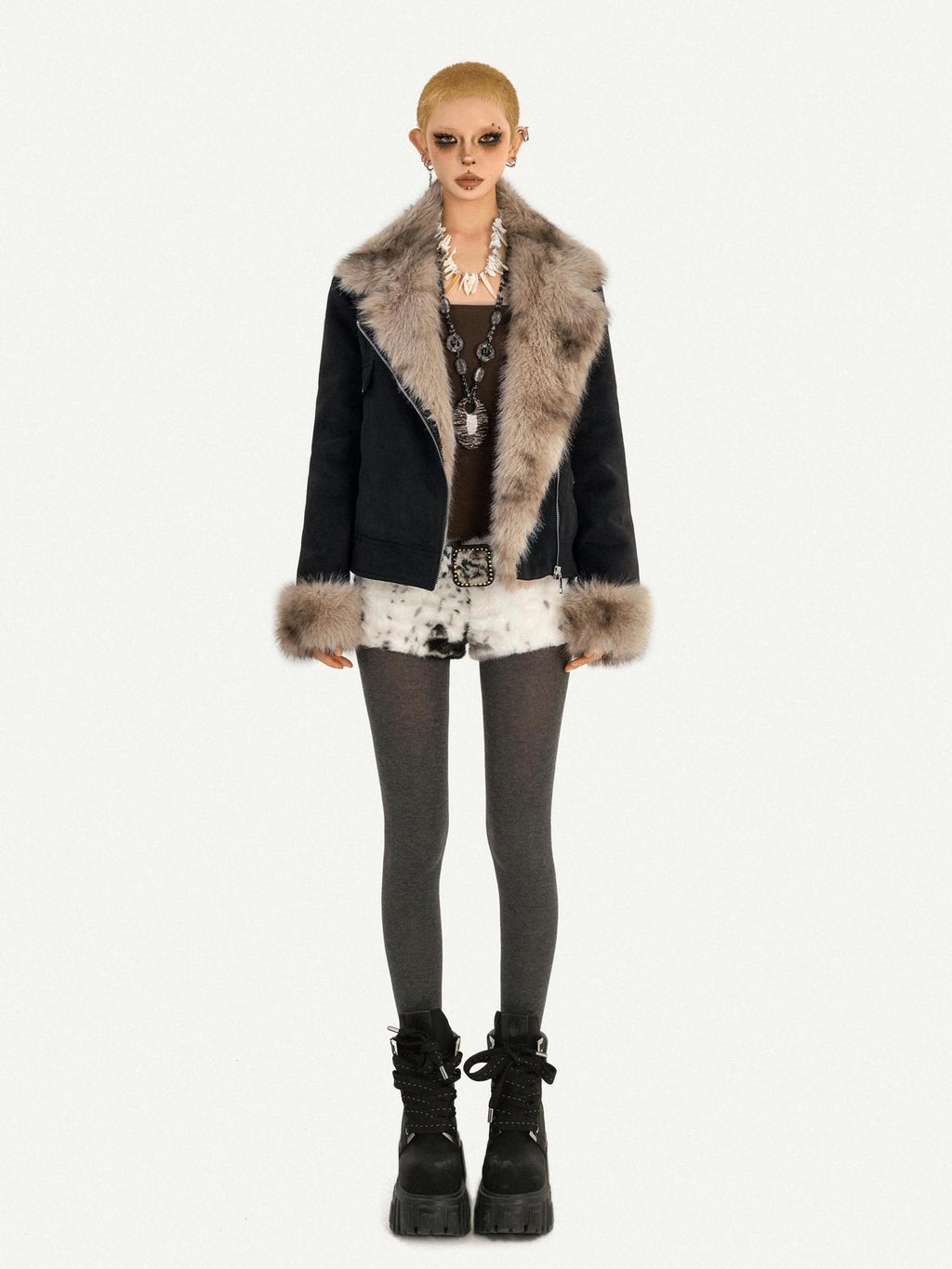 Nico Molly Warm Fur Trim Street Lapel Zip Short Women Black Cropped Jackets