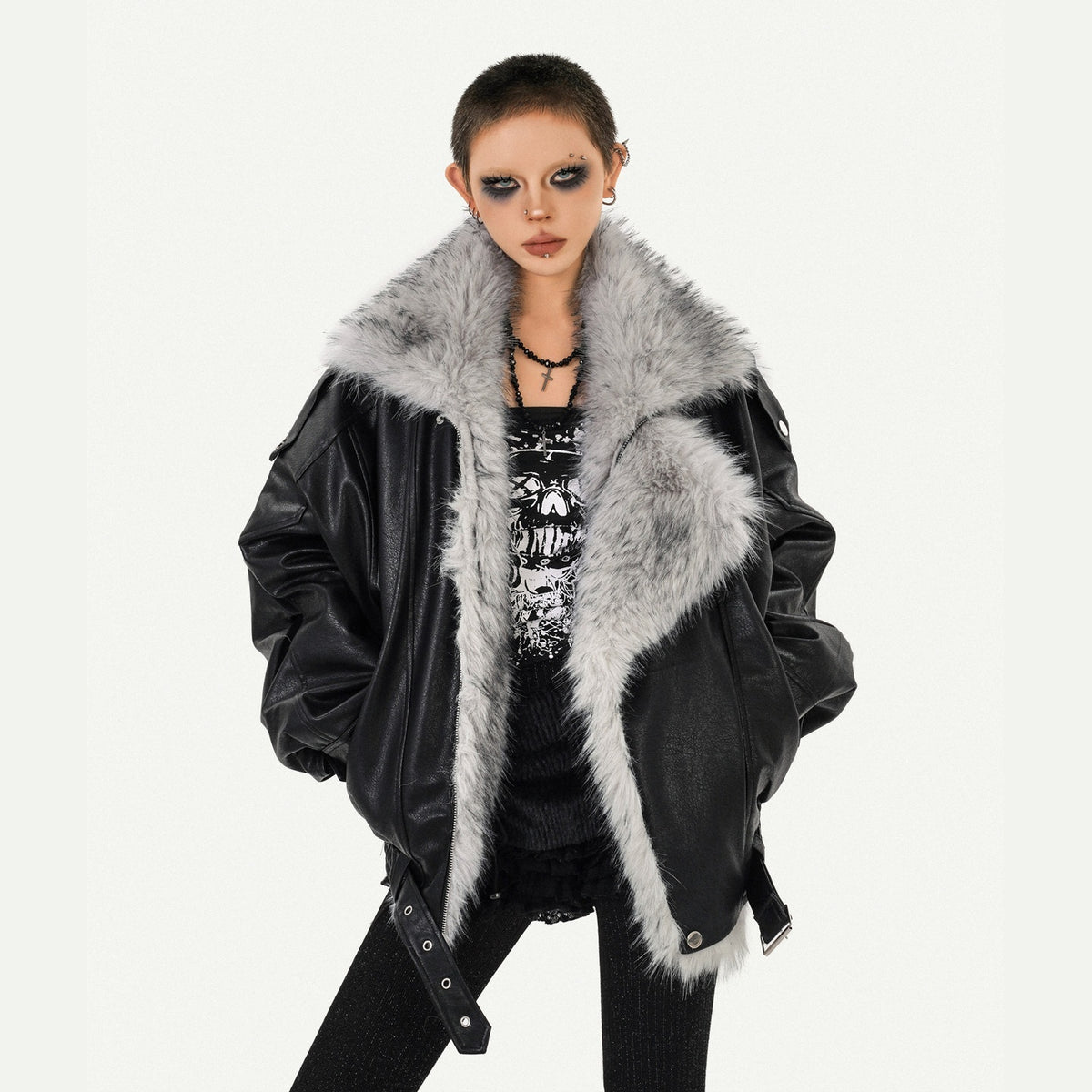 Nico_Molly_Warm_Thick_Shiny_Pu_Vintage_Mid_Length_Fur_Collar_Zipper_Women_Leather_Jackets_MISSTT