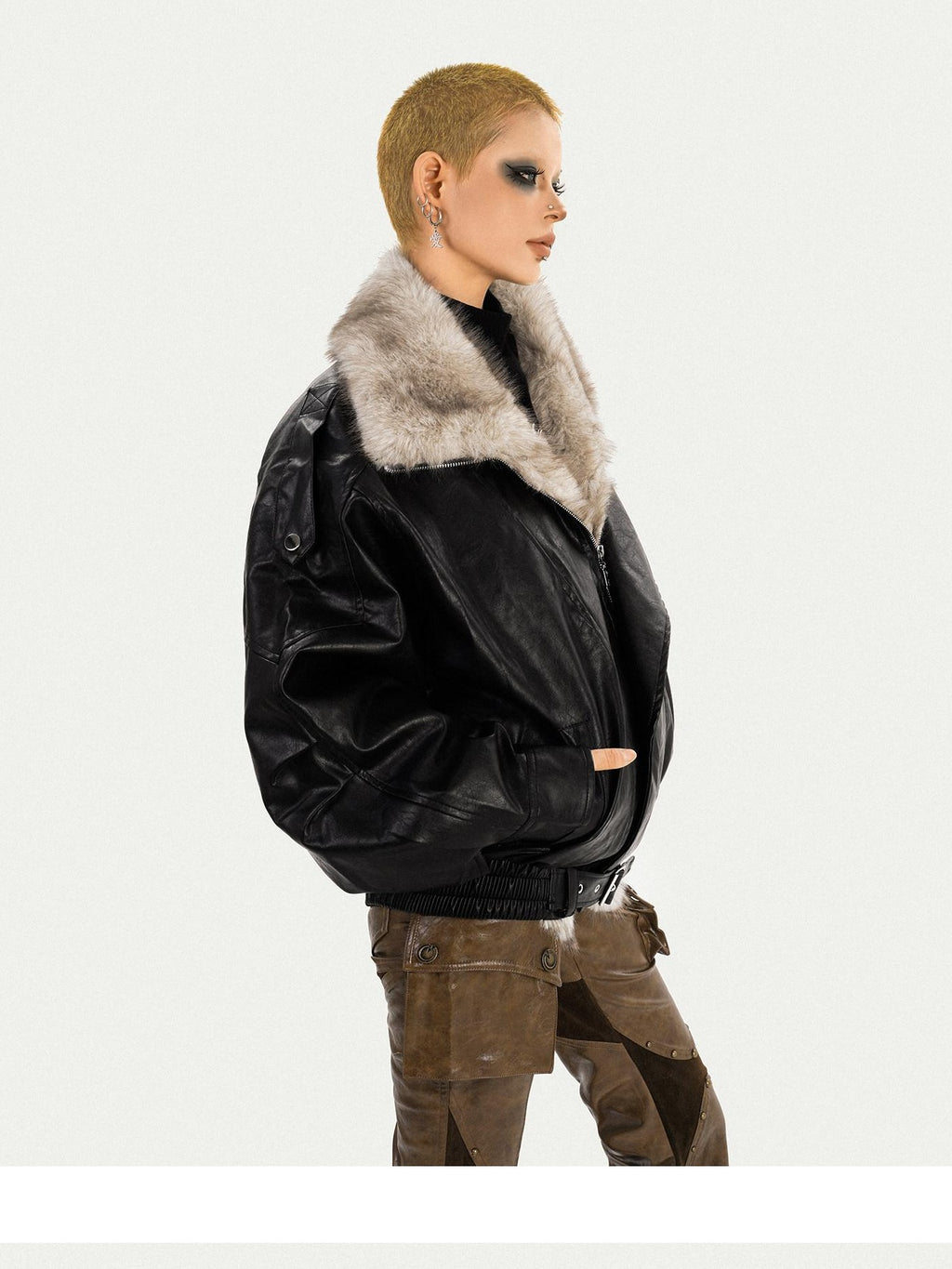 Nico Molly Warm Thick Shiny Pu Vintage Mid Length Fur Collar Zipper Women Leather Jackets