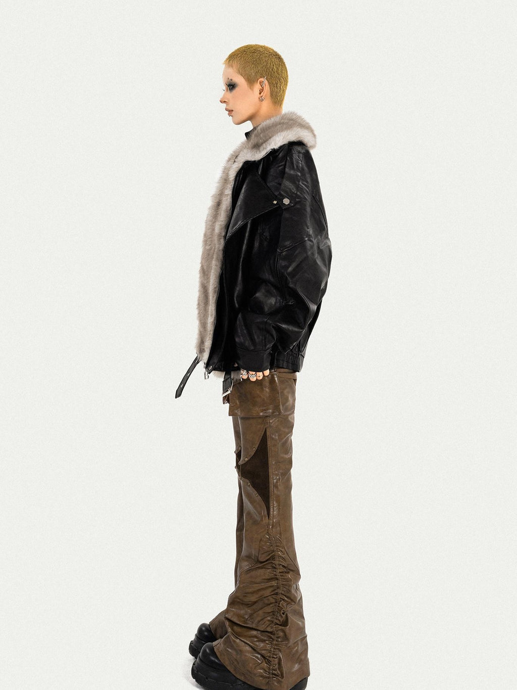 Nico Molly Warm Thick Shiny Pu Vintage Mid Length Fur Collar Zipper Women Leather Jackets