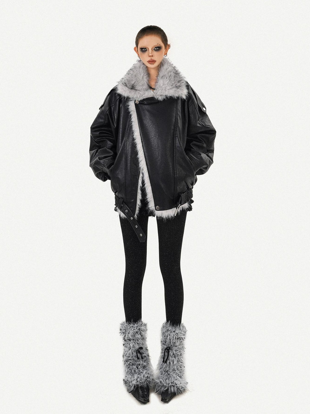 Nico Molly Warm Thick Shiny Pu Vintage Mid Length Fur Collar Zipper Women Leather Jackets