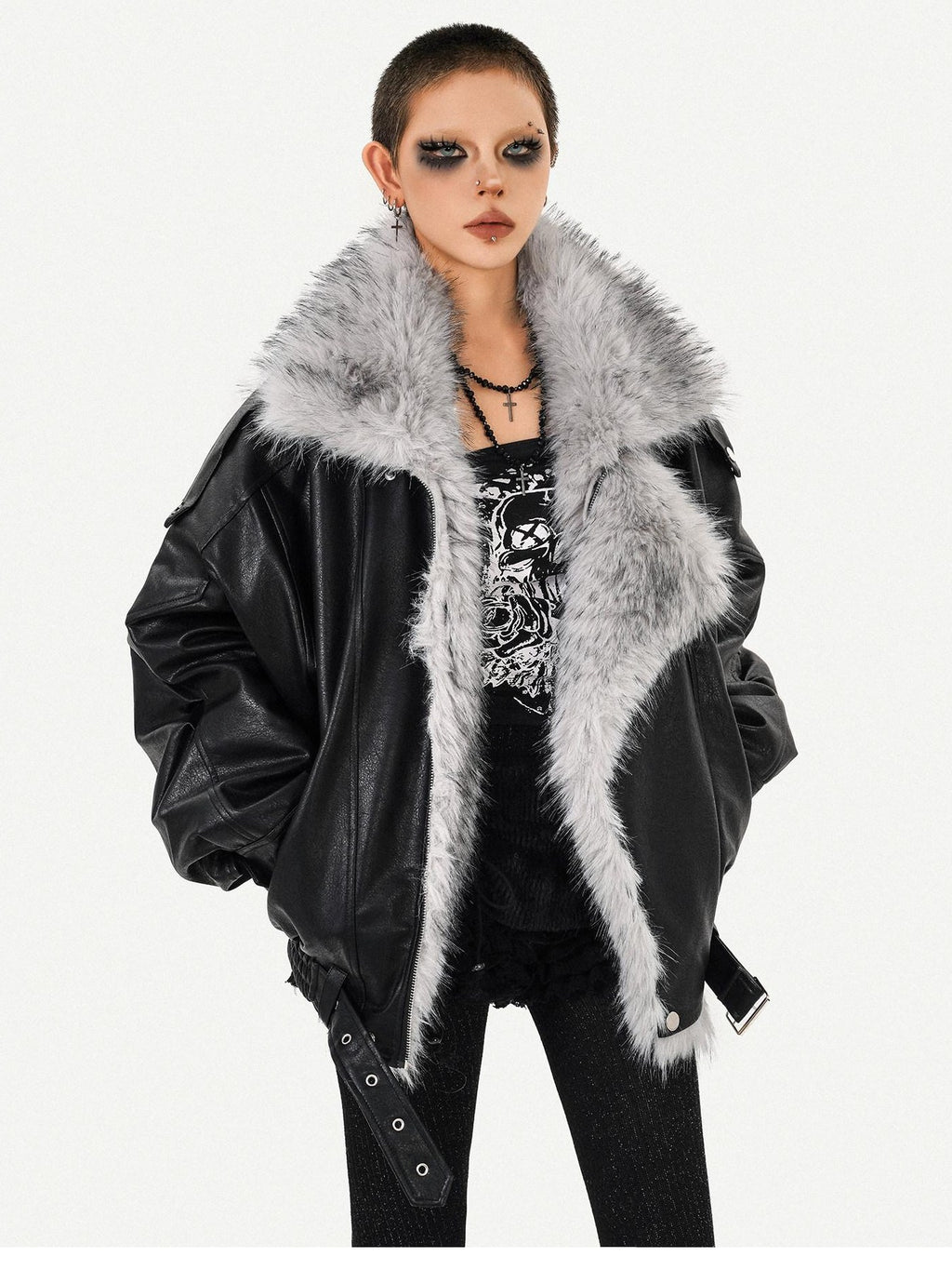 Nico Molly Warm Thick Shiny Pu Vintage Mid Length Fur Collar Zipper Women Leather Jackets