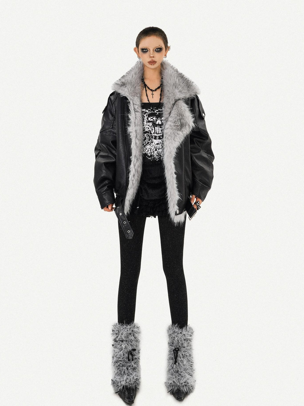 Nico Molly Warm Thick Shiny Pu Vintage Mid Length Fur Collar Zipper Women Leather Jackets