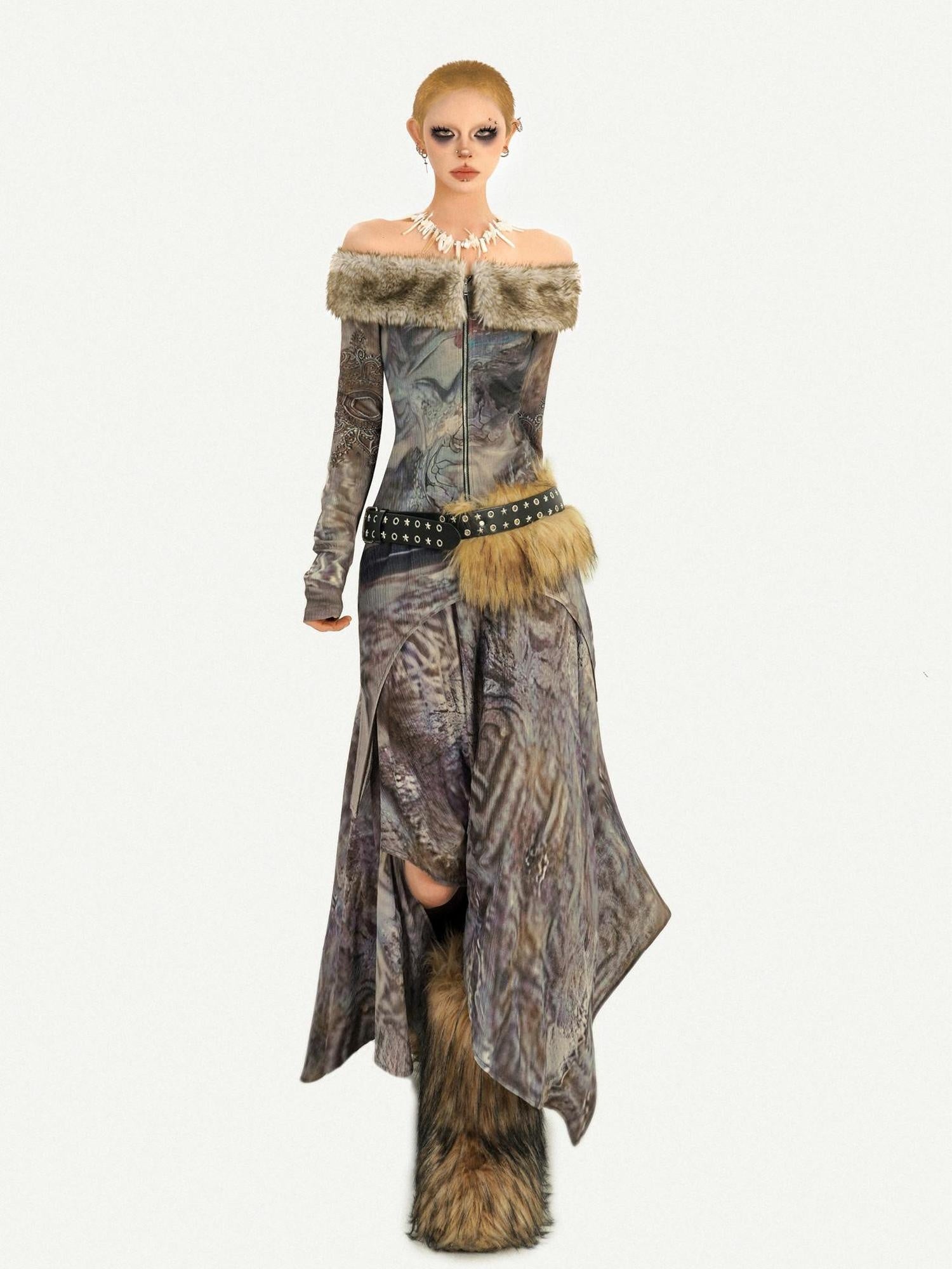 Nico Molly Warm Thick Vintage Print Off Shoulder Long Sleeve Casual Women Top & Skirt Sets