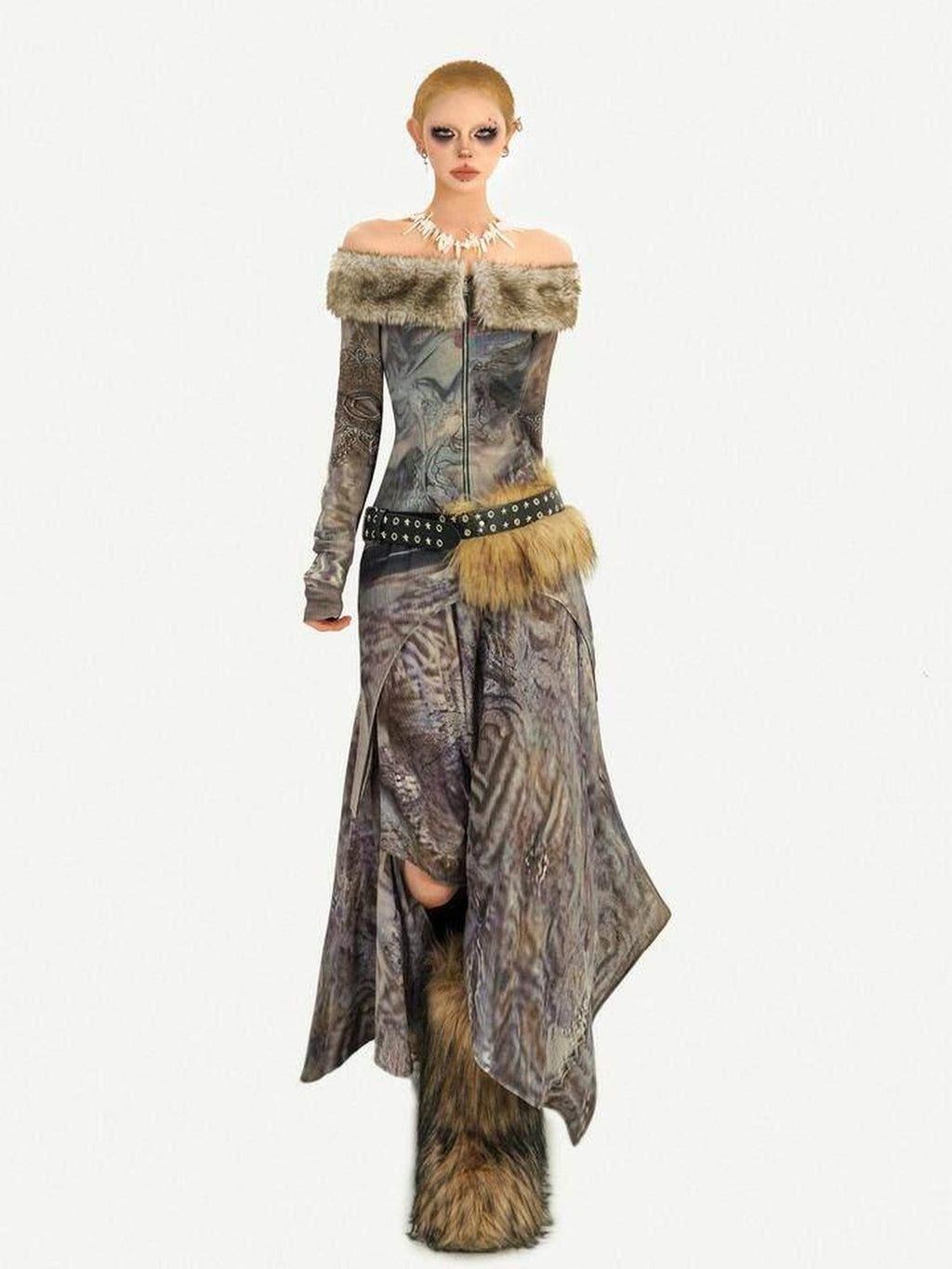 Nico Molly Warm Thick Vintage Print Off Shoulder Long Sleeve Casual Women Top & Skirt Sets