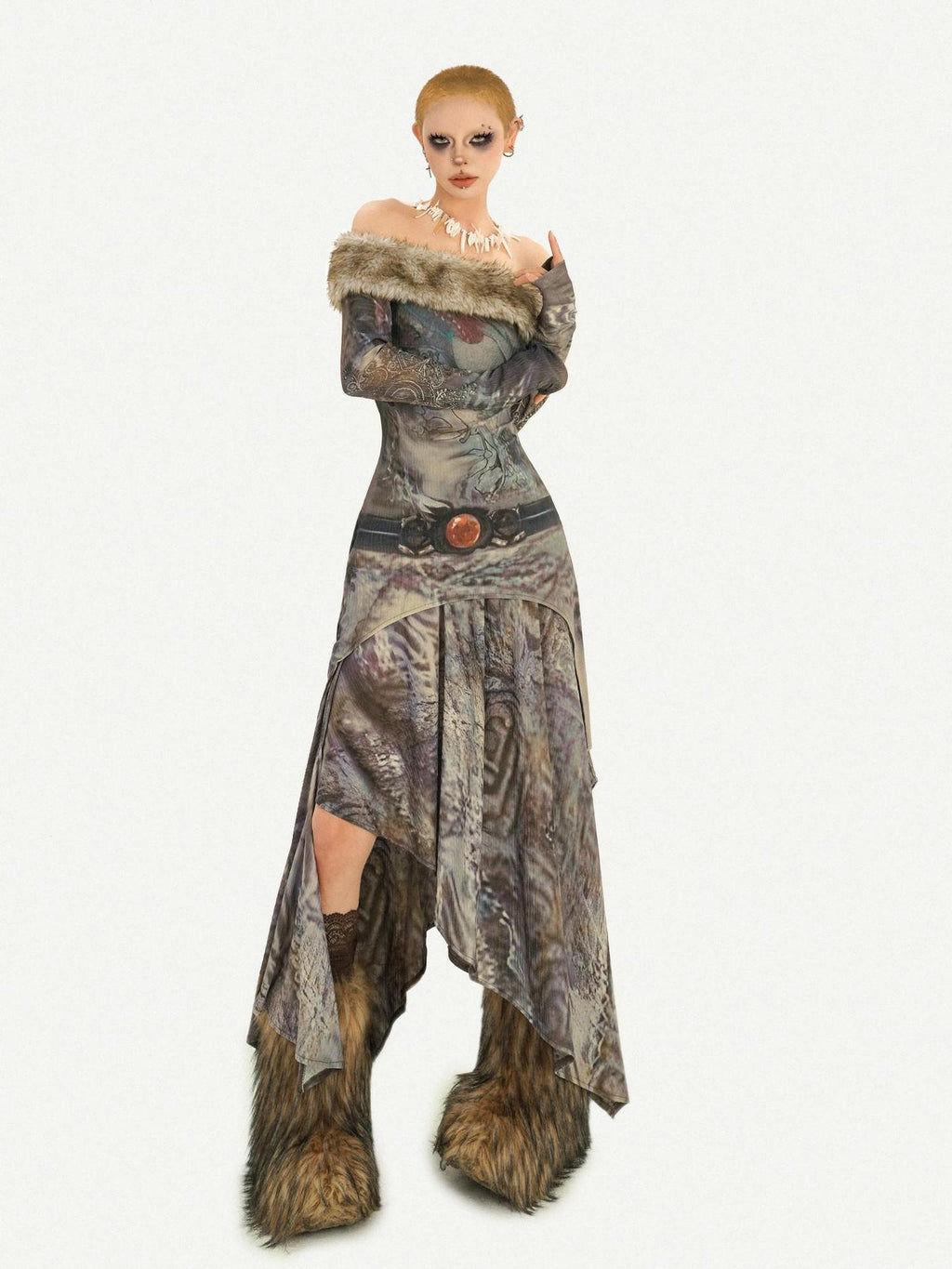 Nico Molly Warm Thick Vintage Print Off Shoulder Long Sleeve Casual Women Top & Skirt Sets
