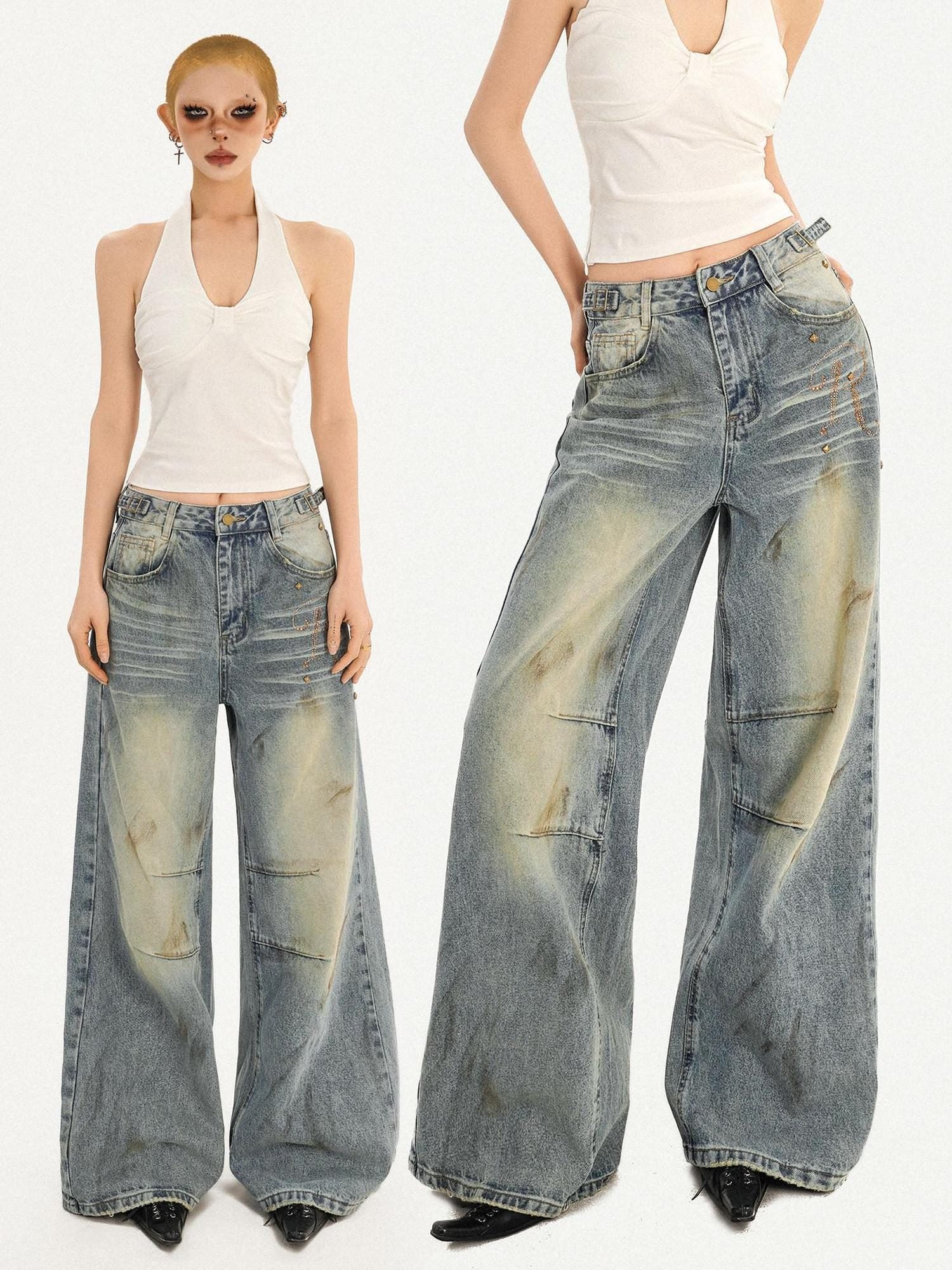 Nico Molly Washed Blue Natural Waist Button Fly Women Classic Denim Wide Leg Jeans