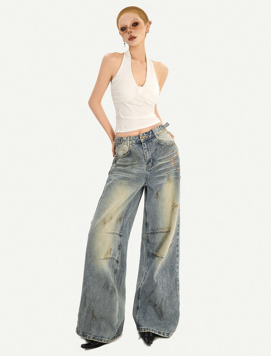 Nico Molly Washed Blue Natural Waist Button Fly Women Classic Denim Wide Leg Jeans