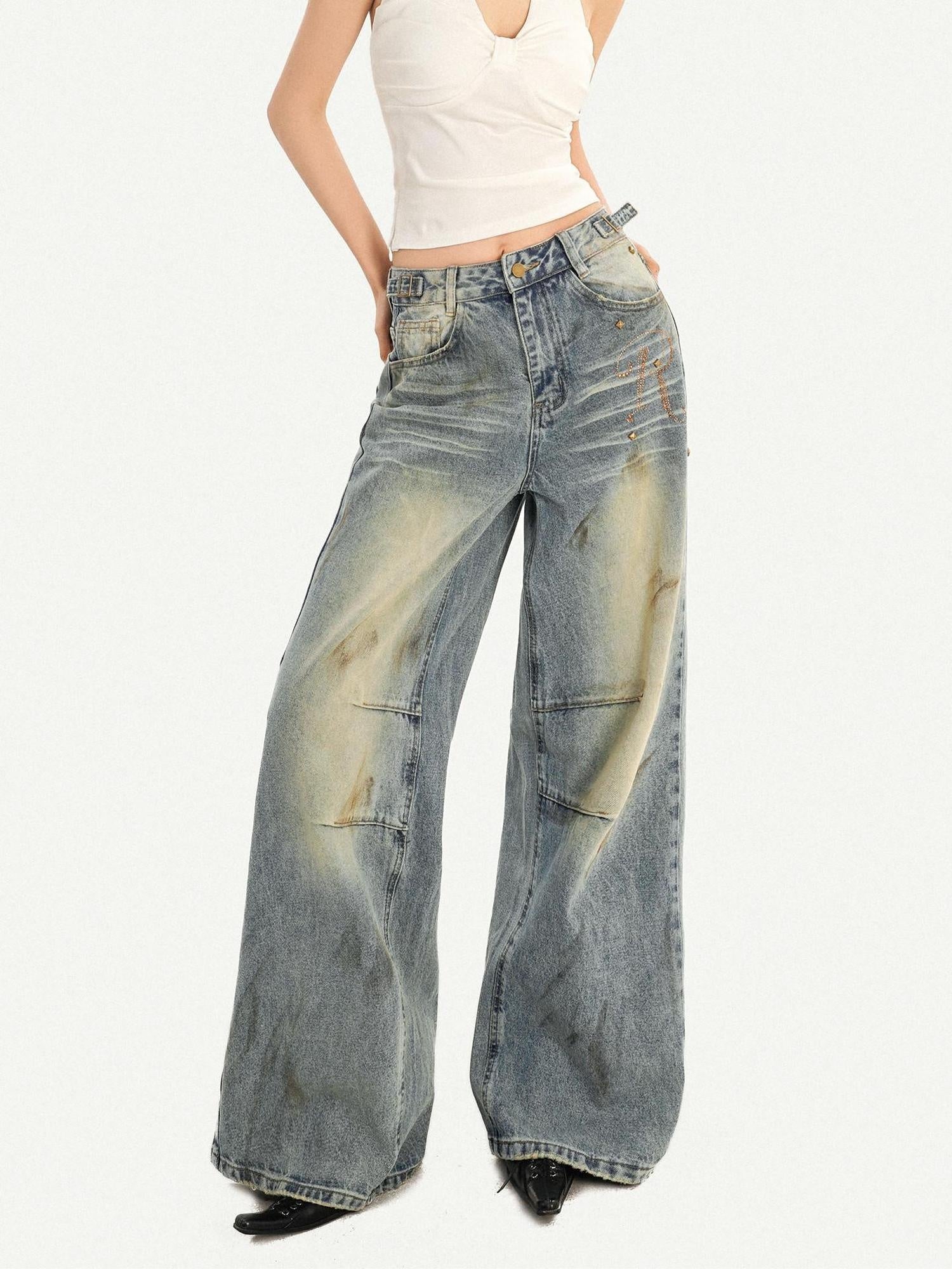 Nico Molly Washed Blue Natural Waist Button Fly Women Classic Denim Wide Leg Jeans