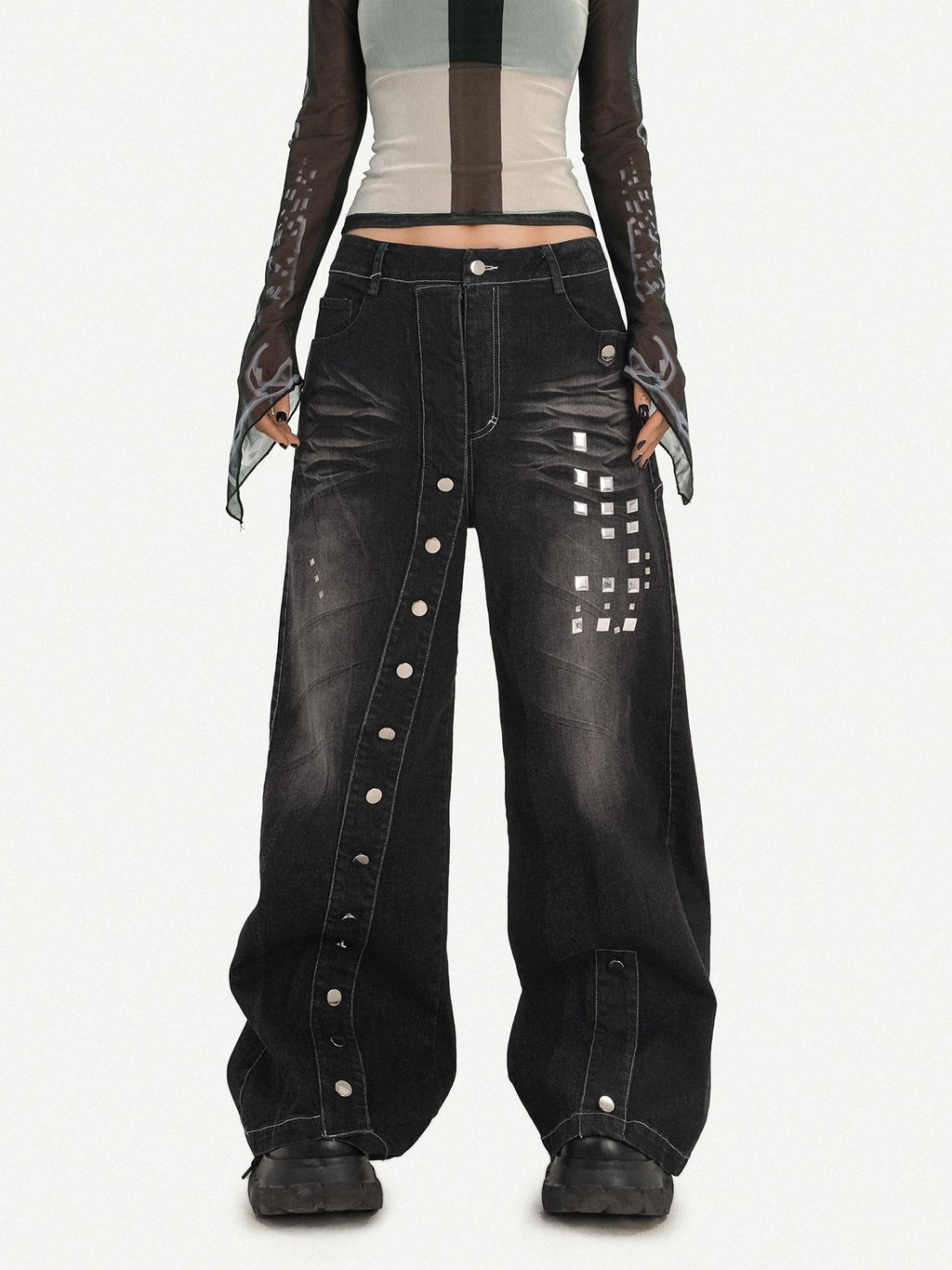 Nico Molly Washed Punk Natural Waist Wide Leg Women Black Straight Leg Jeans