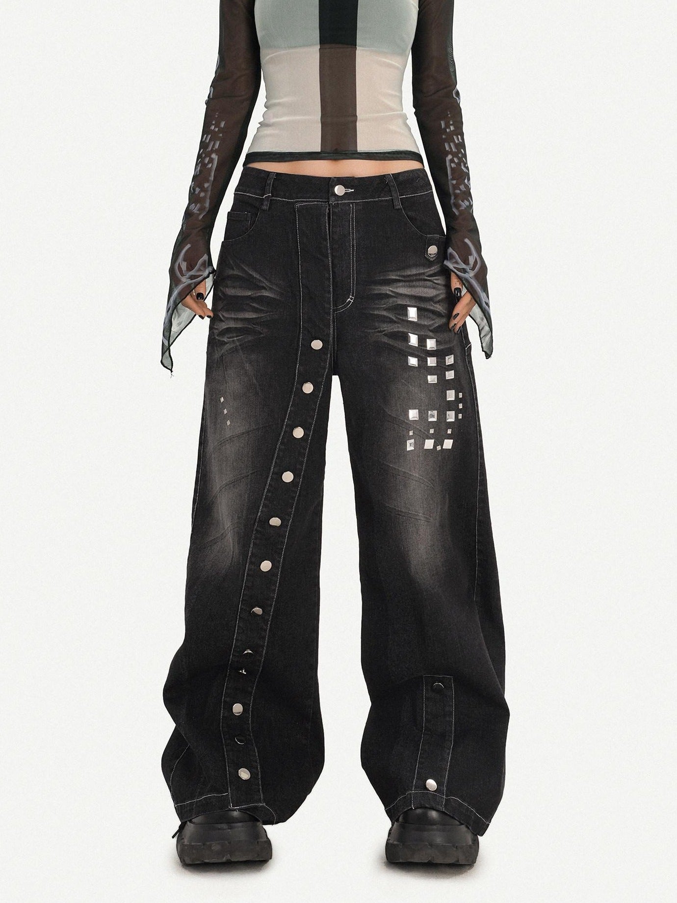 Nico Molly Washed Punk Natural Waist Wide Leg Women Black Straight Leg Jeans