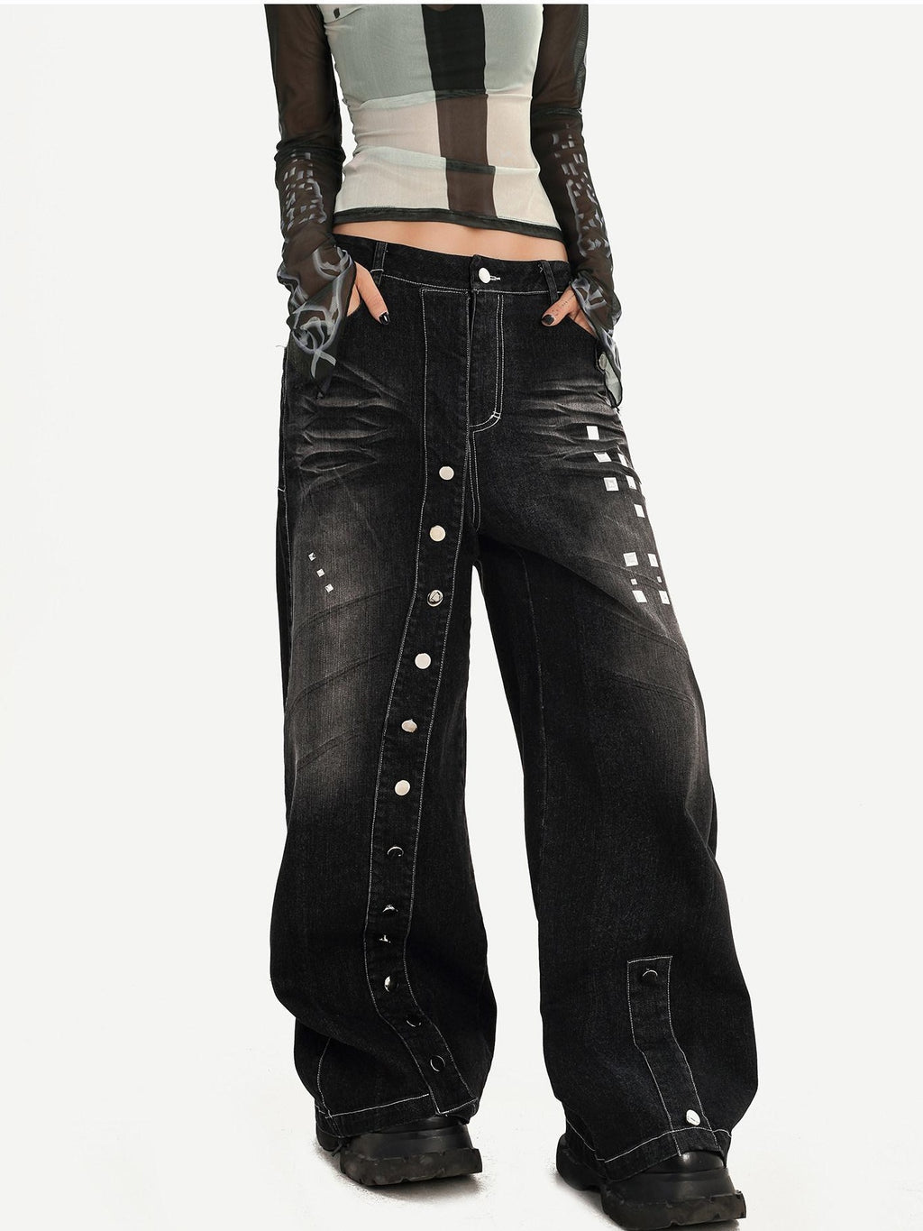 Nico Molly Washed Punk Natural Waist Wide Leg Women Black Straight Leg Jeans