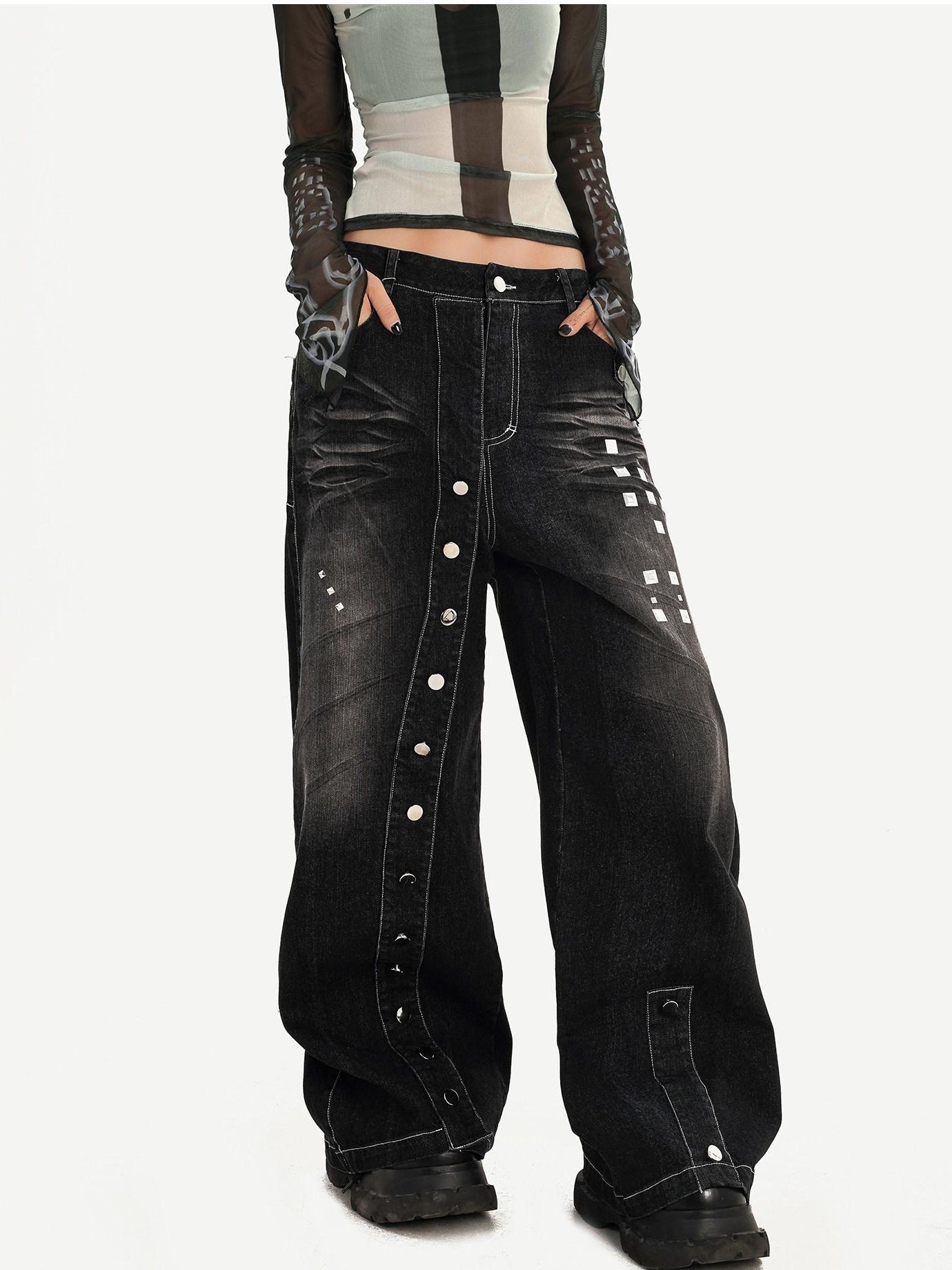 Nico Molly Washed Punk Natural Waist Wide Leg Women Black Straight Leg Jeans