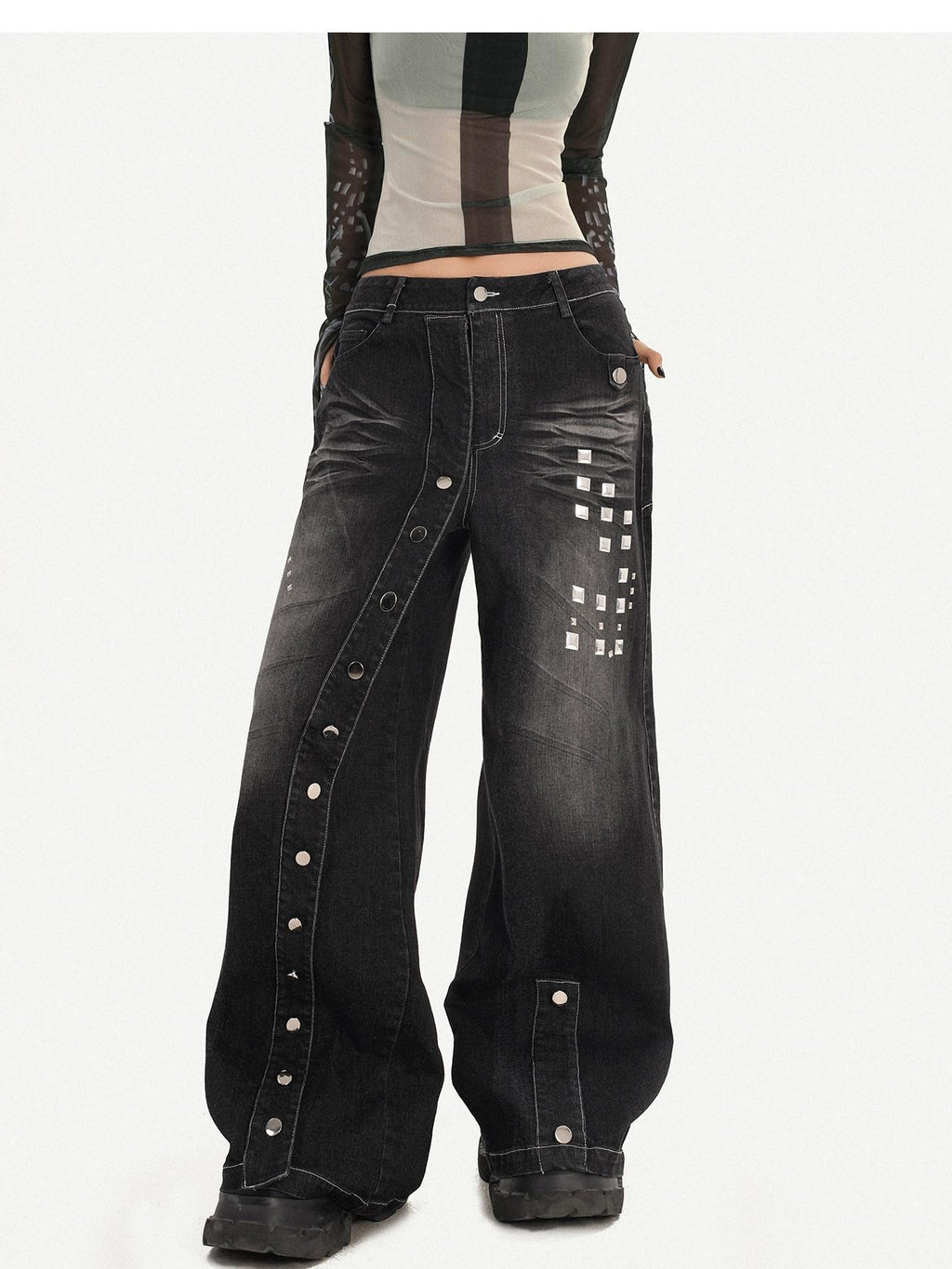 Nico Molly Washed Punk Natural Waist Wide Leg Women Black Straight Leg Jeans