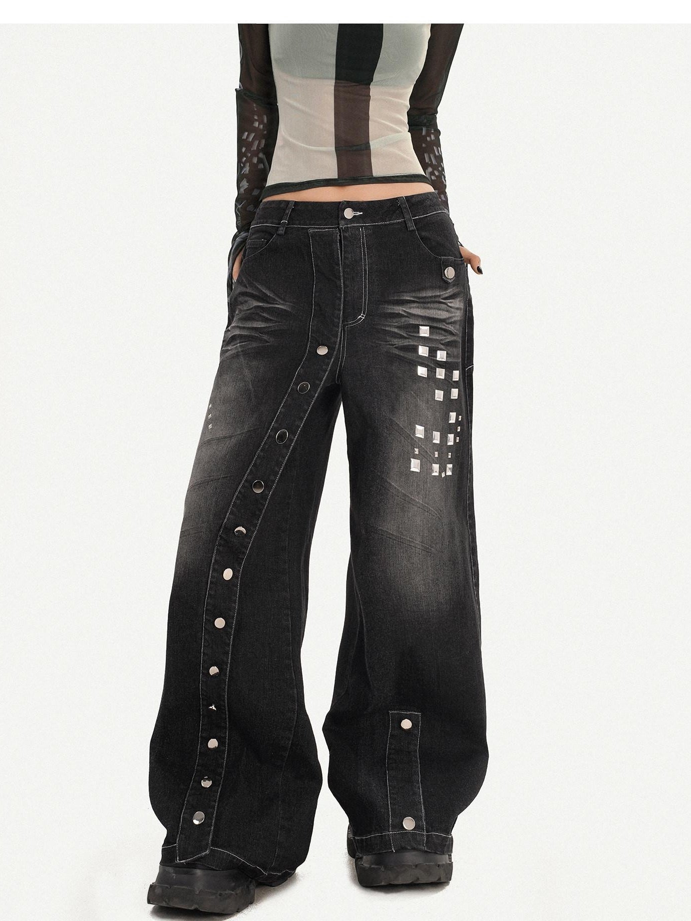 Nico Molly Washed Punk Natural Waist Wide Leg Women Black Straight Leg Jeans