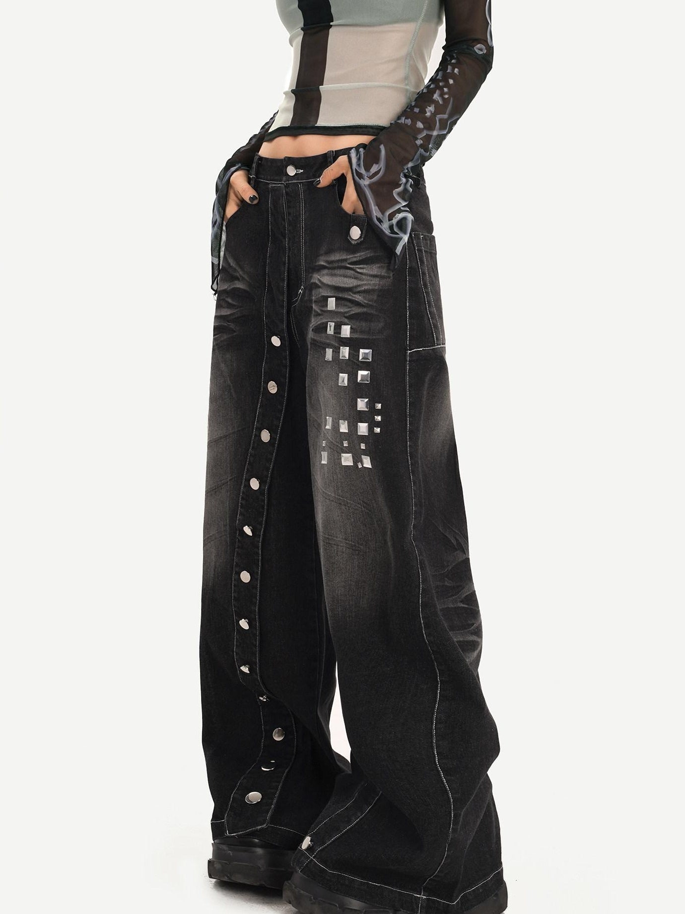 Nico Molly Washed Punk Natural Waist Wide Leg Women Black Straight Leg Jeans