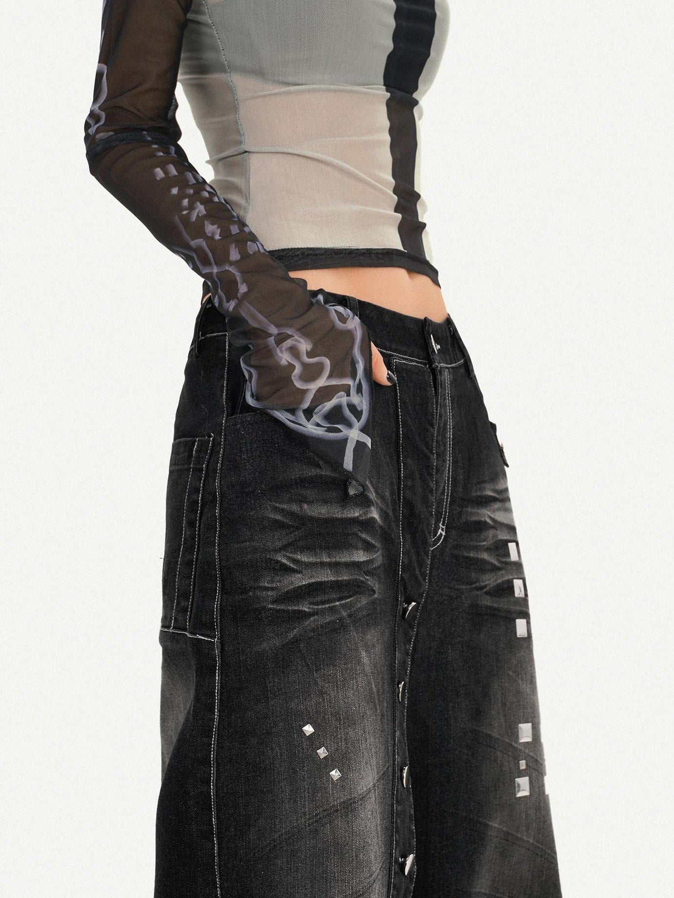 Nico Molly Washed Punk Natural Waist Wide Leg Women Black Straight Leg Jeans