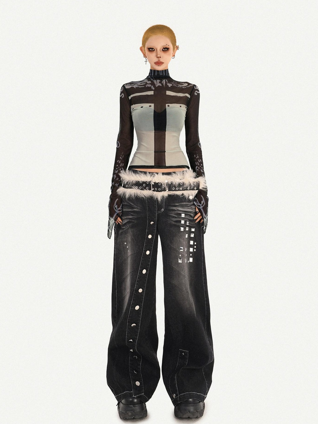 Nico Molly Washed Punk Natural Waist Wide Leg Women Black Straight Leg Jeans