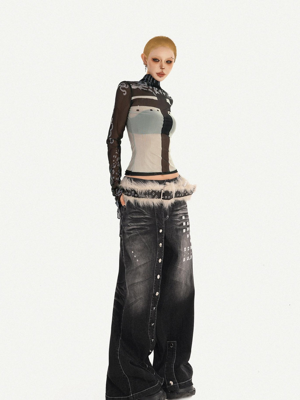 Nico Molly Washed Punk Natural Waist Wide Leg Women Black Straight Leg Jeans