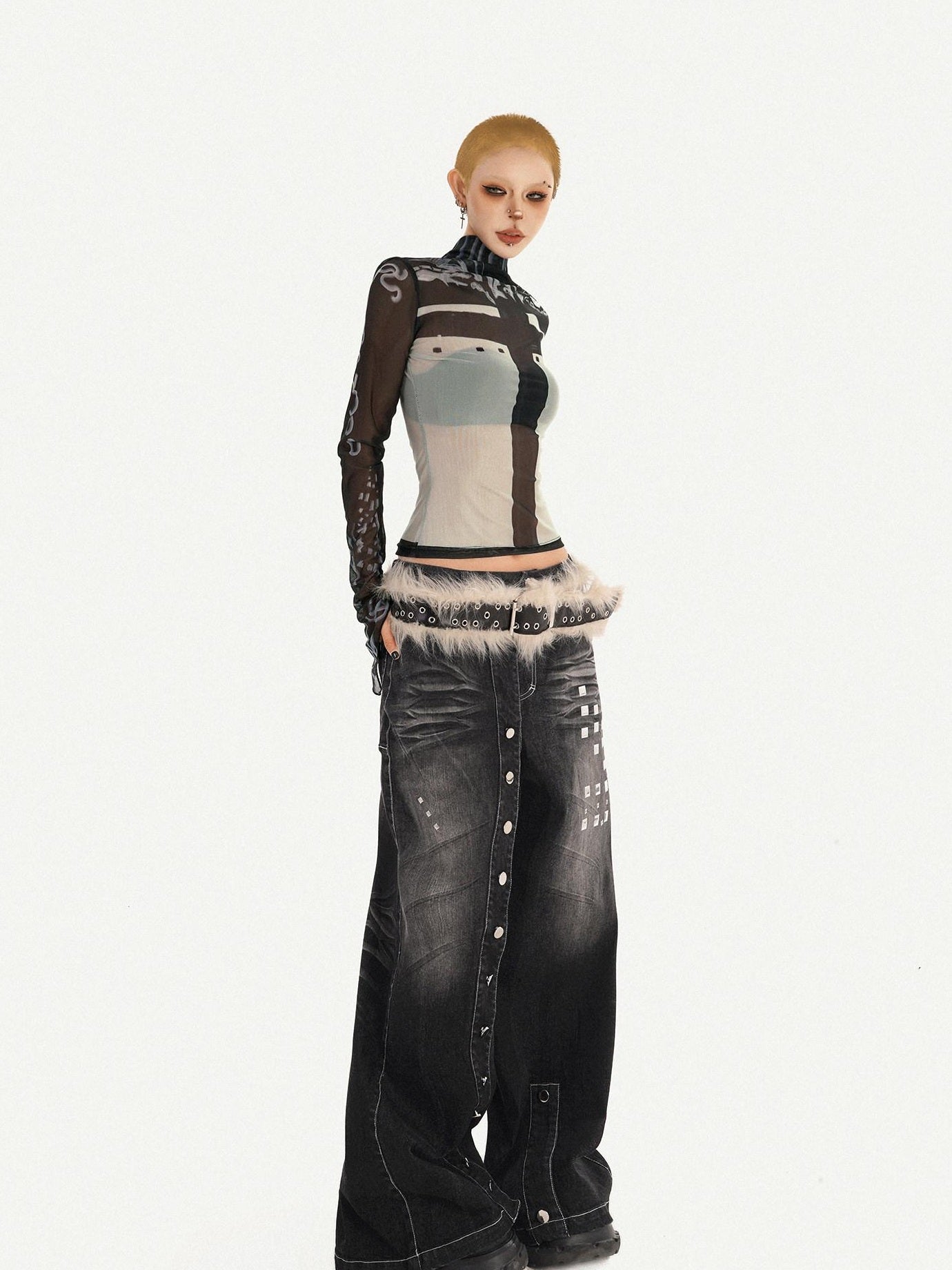 Nico Molly Washed Punk Natural Waist Wide Leg Women Black Straight Leg Jeans