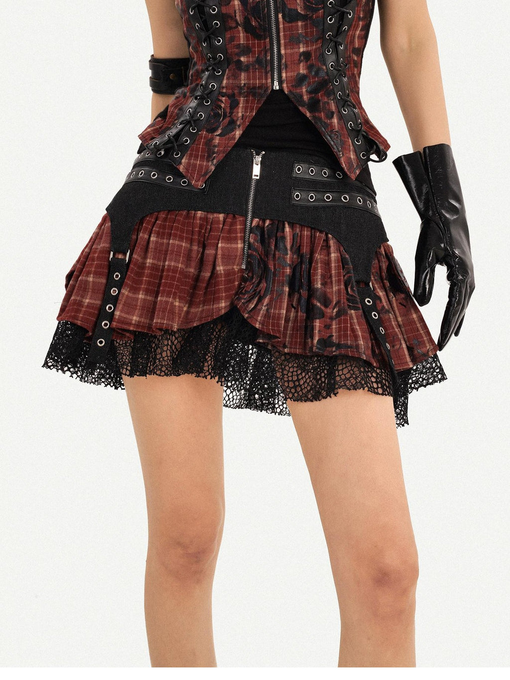 Nico Molly Wine Red Patchwork Low Waist Tie Pleated Slim Fit Women Mini Skirts