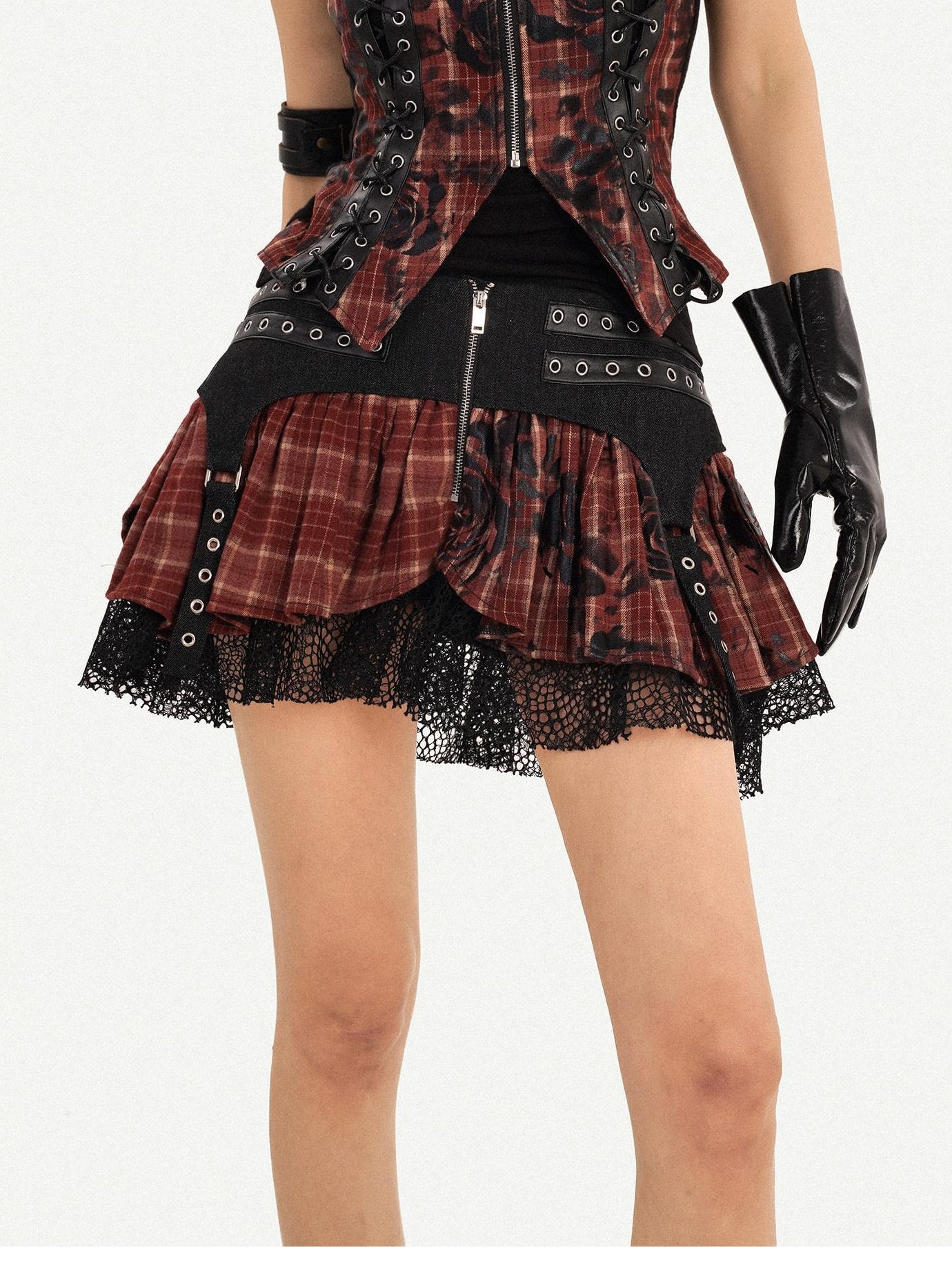 Nico Molly Wine Red Patchwork Low Waist Tie Pleated Slim Fit Women Mini Skirts