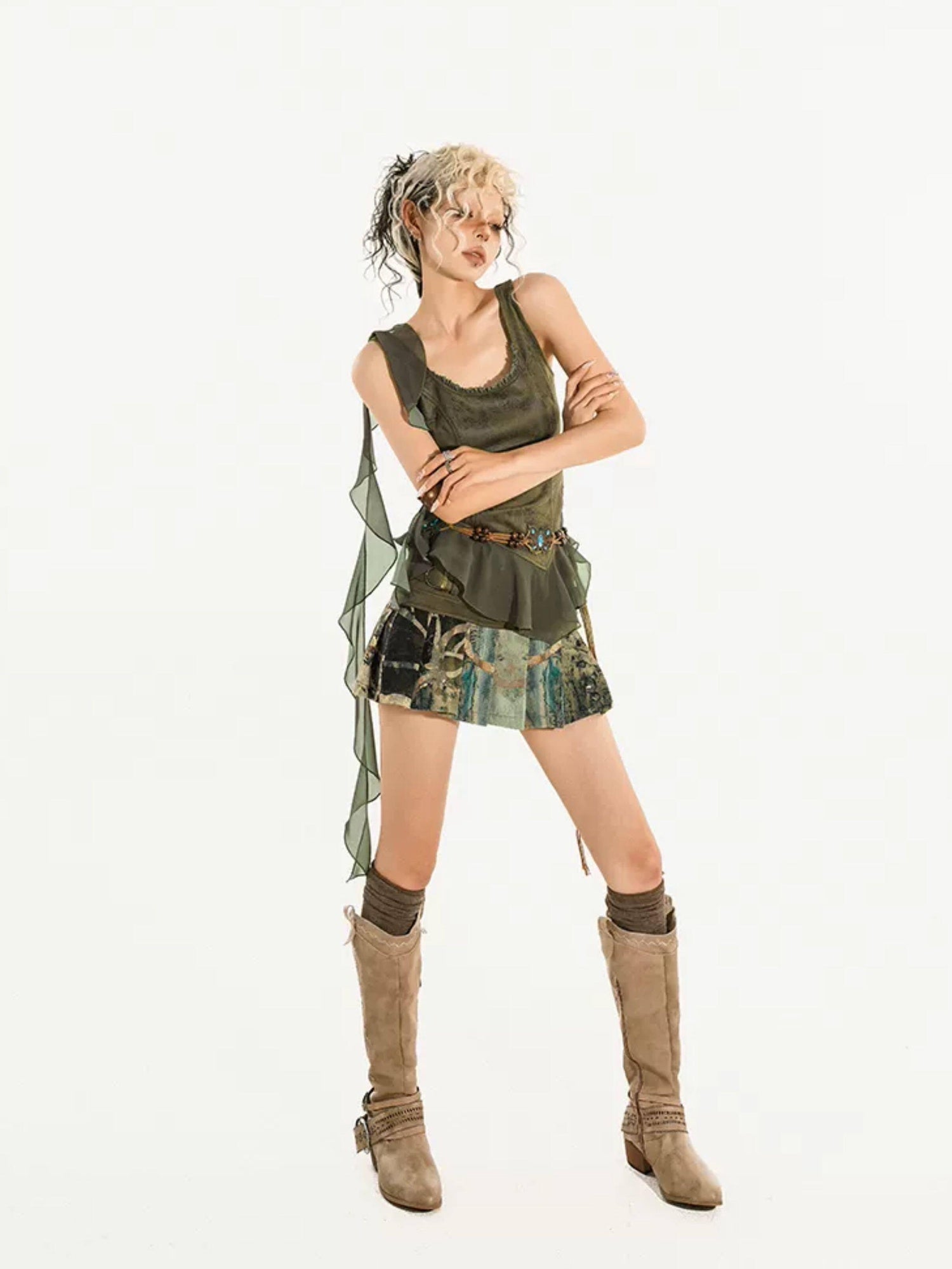 Nico Molly Zip Front Slim Streetwear Green Camisole Lightweight Youth Female Tank Tops