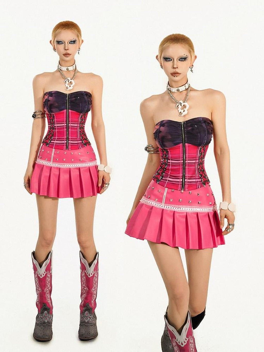Nico Molly Zipper Slim Fit Street Style Youth Pink Solid Matching Set Top & Skirt Sets