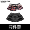 REDDACHIC_Pink_Plaid_Pleated_Ruffle_Layered_Patchwork_Mid_Waist_Women'S_Pu_Mini_Skirts_MISSTT