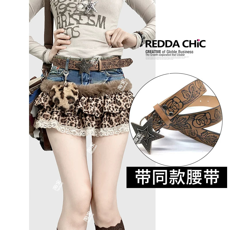 REDDACHIC_Leopard_Print_Patchwork_Tiered_Cake_Women'S_Lace_Denim_Mini_Skirts_MISSTT