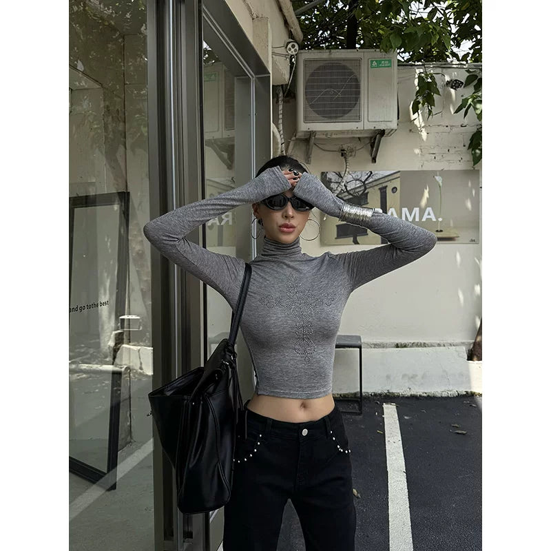 ZERO_Rhinestone_Slim_Fit_High_Neck_Lyocell_Knit_Women_Red_Black_Long_Sleeve_Crop_Tops_MISSTT