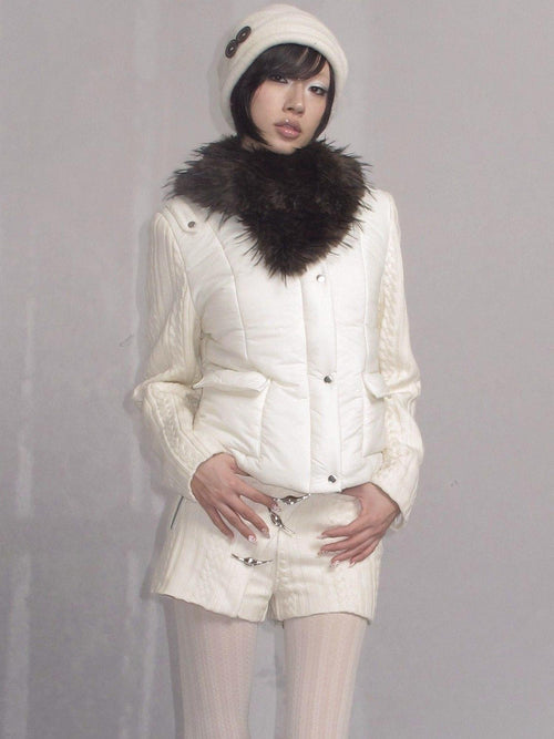 OPEN AESTHETIC 96 Percent Cotton Filled Slim Fit Fur Collar Cropped Cream Puffer Jackets