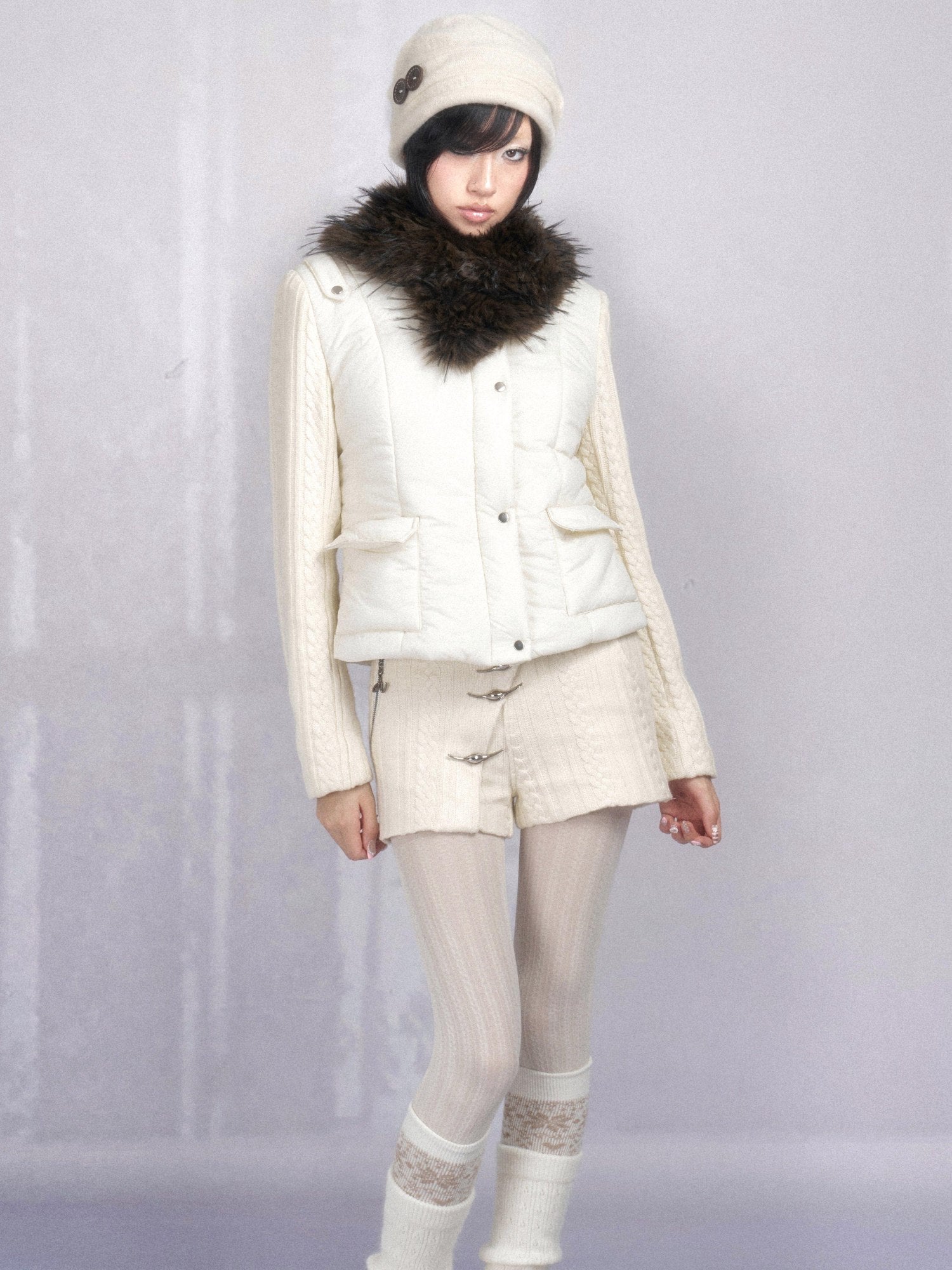 OPEN AESTHETIC 96 Percent Cotton Filled Slim Fit Fur Collar Cropped Cream Puffer Jackets
