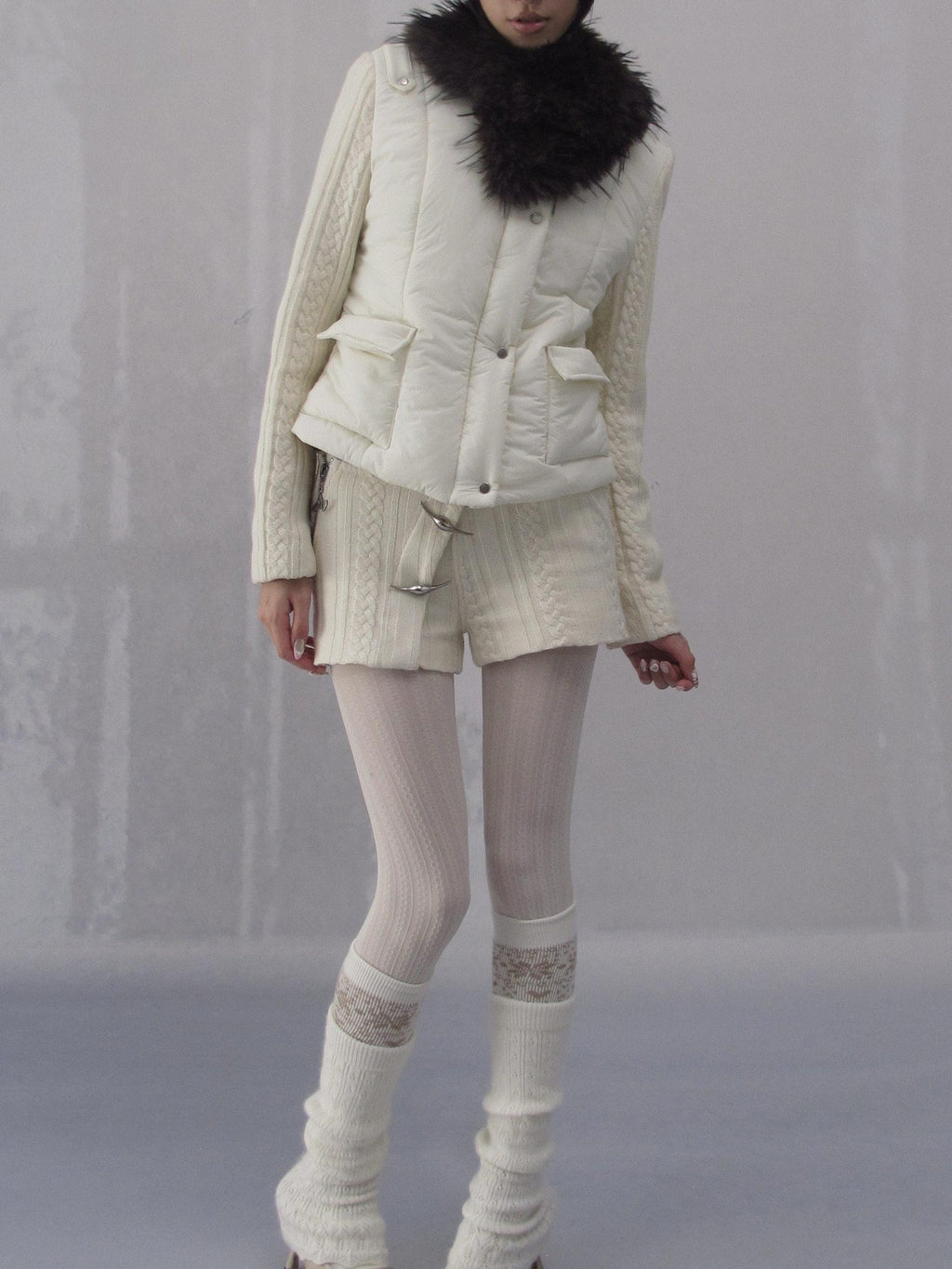 OPEN AESTHETIC 96 Percent Cotton Filled Slim Fit Fur Collar Cropped Cream Puffer Jackets