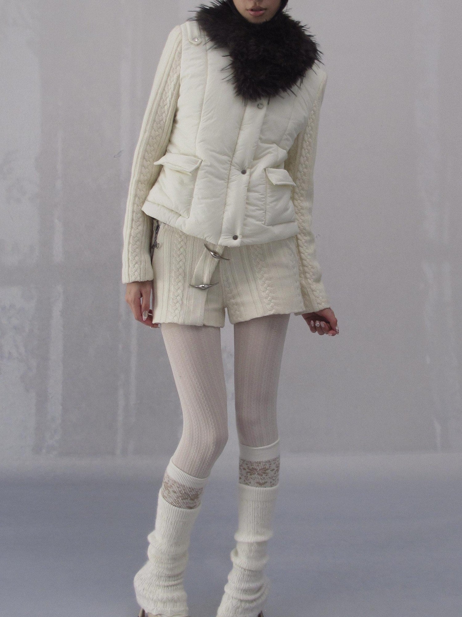 OPEN AESTHETIC 96 Percent Cotton Filled Slim Fit Fur Collar Cropped Cream Puffer Jackets