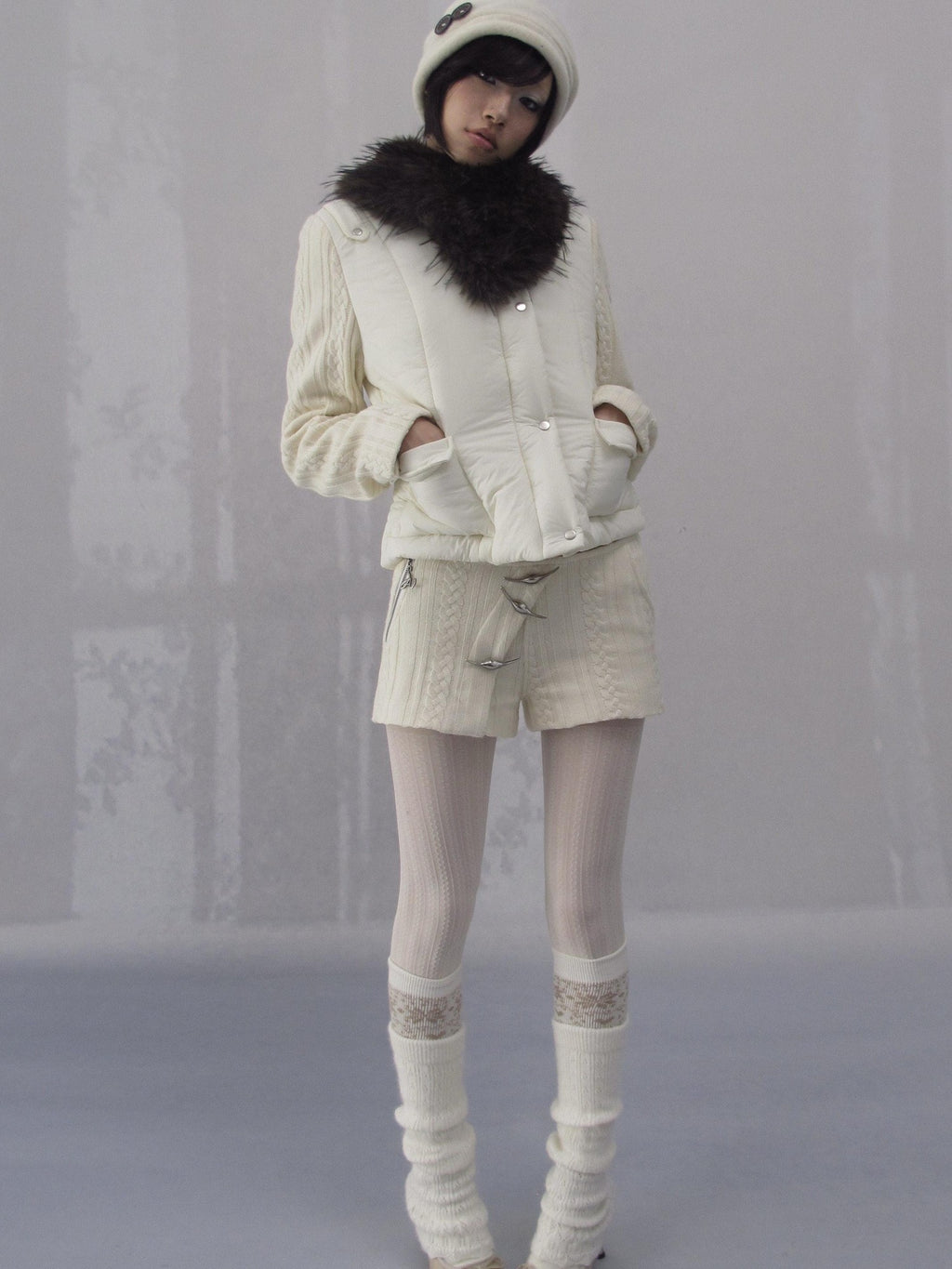 OPEN AESTHETIC 96 Percent Cotton Filled Slim Fit Fur Collar Cropped Cream Puffer Jackets