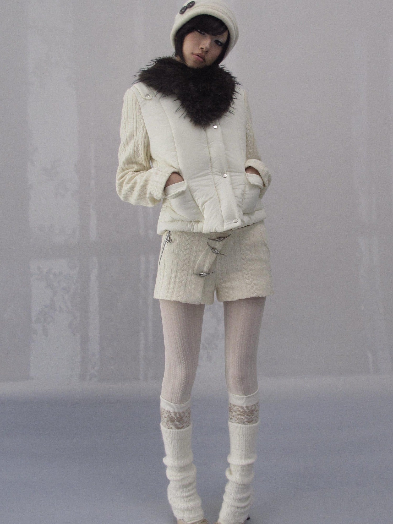 OPEN AESTHETIC 96 Percent Cotton Filled Slim Fit Fur Collar Cropped Cream Puffer Jackets